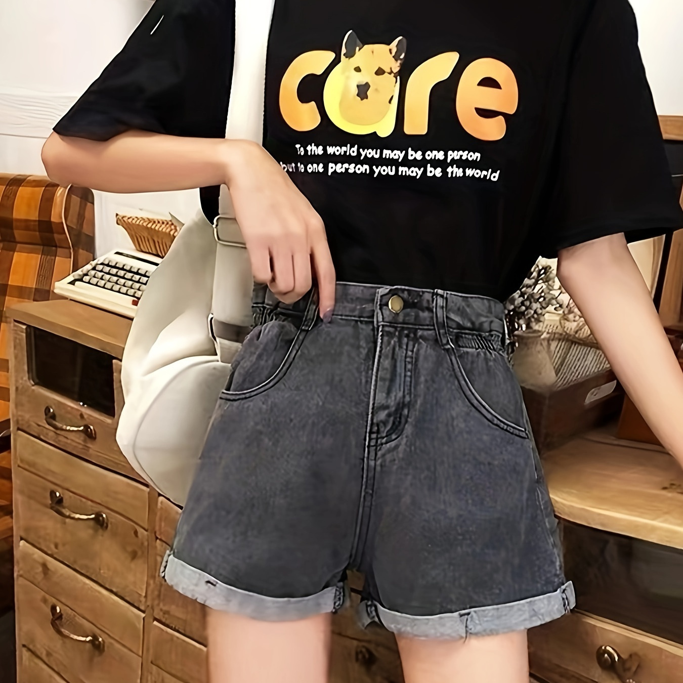 

Roll Up Hem Plain Grey Denim Shorts, Slash Pocket Casual Ruched Waist Detail Denim Shorts, Women's Denim Jeans & Clothing