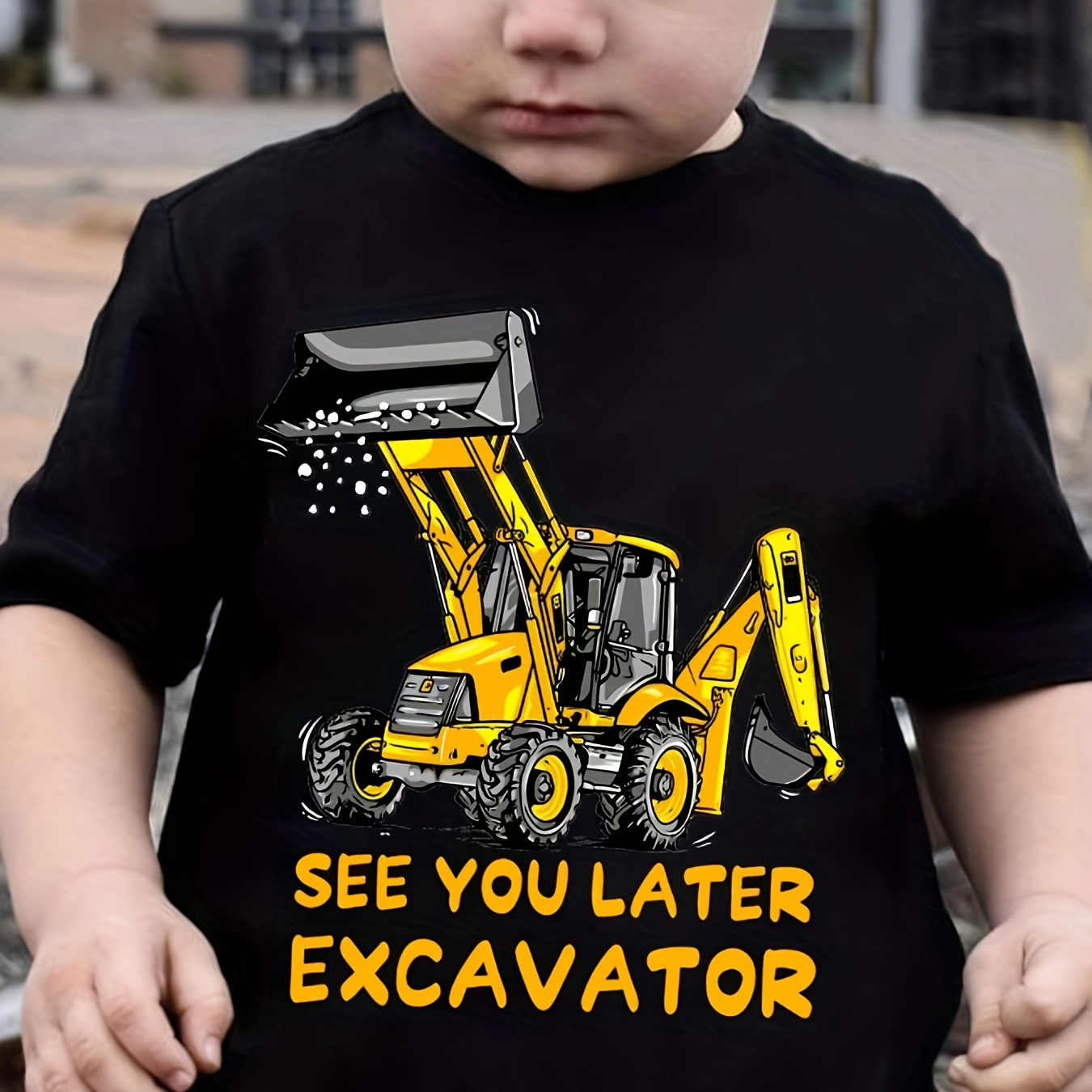 

See You Later Excavator Print Boy's T-shirt, Kids Casual Short Sleeve Crew Neck Breathable Comfy Summer Tee Tops