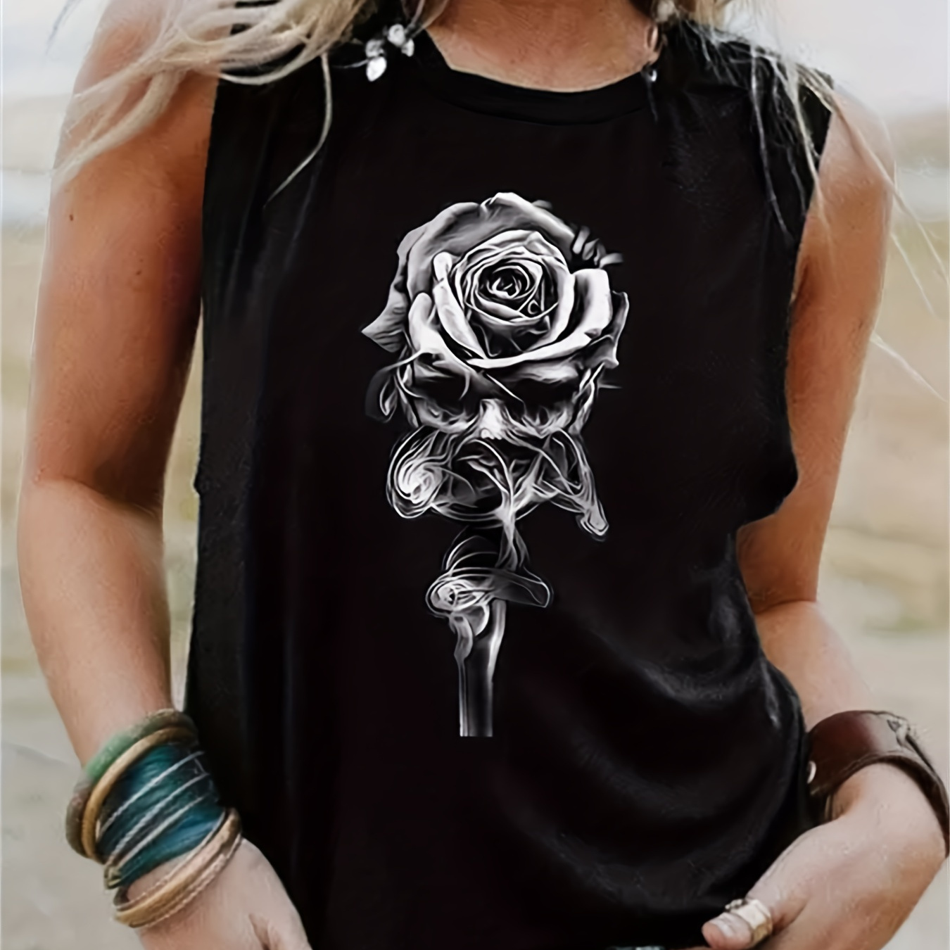 

Rose & Skull Print Tank Top, Sleeveless Crew Neck Tank Top, Casual Every Day Tops, Women's Clothing