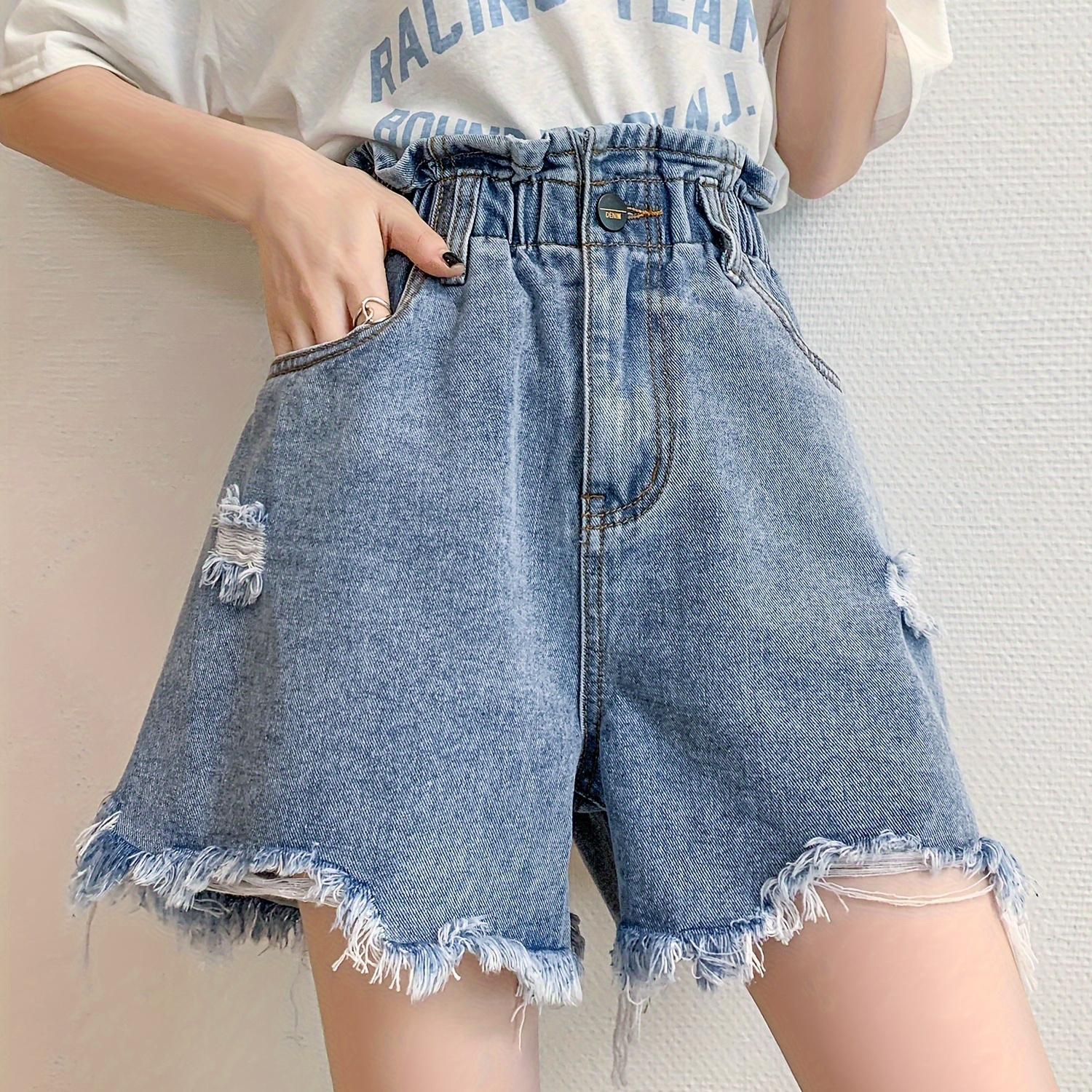 

High Waisted Distressed Denim Shorts, Women's Summer Casual Ripped Wide Leg Loose Fit Plus Size Jean Shorts With Frayed Hem