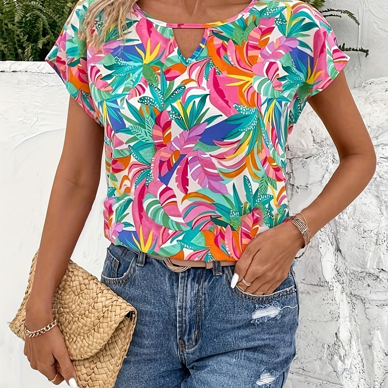 

Leaf Print Crew Neck Blouse, Elegant Keyhole Short Sleeve Blouse For Spring & Summer, Women's Clothing