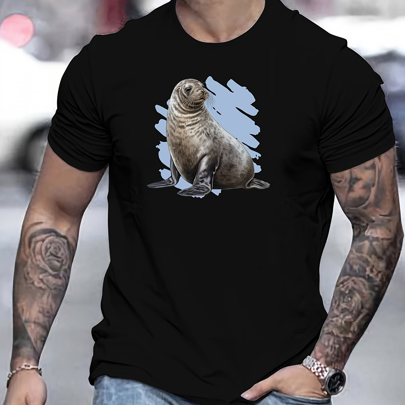 

Seal Print T Shirt, Tees For Men, Casual Short Sleeve T-shirt For Summer