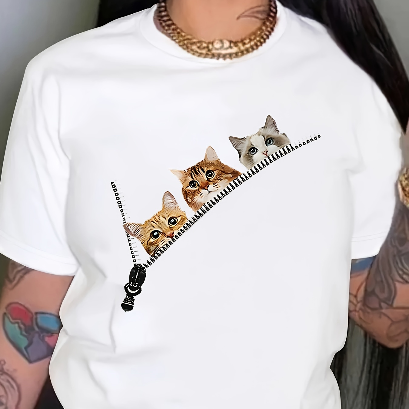 

Cat Print T-shirt, Short Sleeve Crew Neck Casual Top For Summer & Spring, Women's Clothing