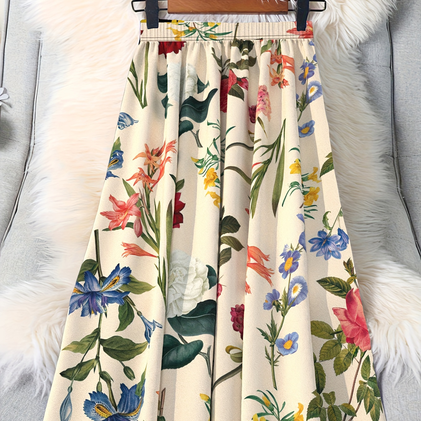 

Jupe taille élastique à imprimé floral, jupe trapèze élégante pour le printemps et l’été, vêtements pour femmes