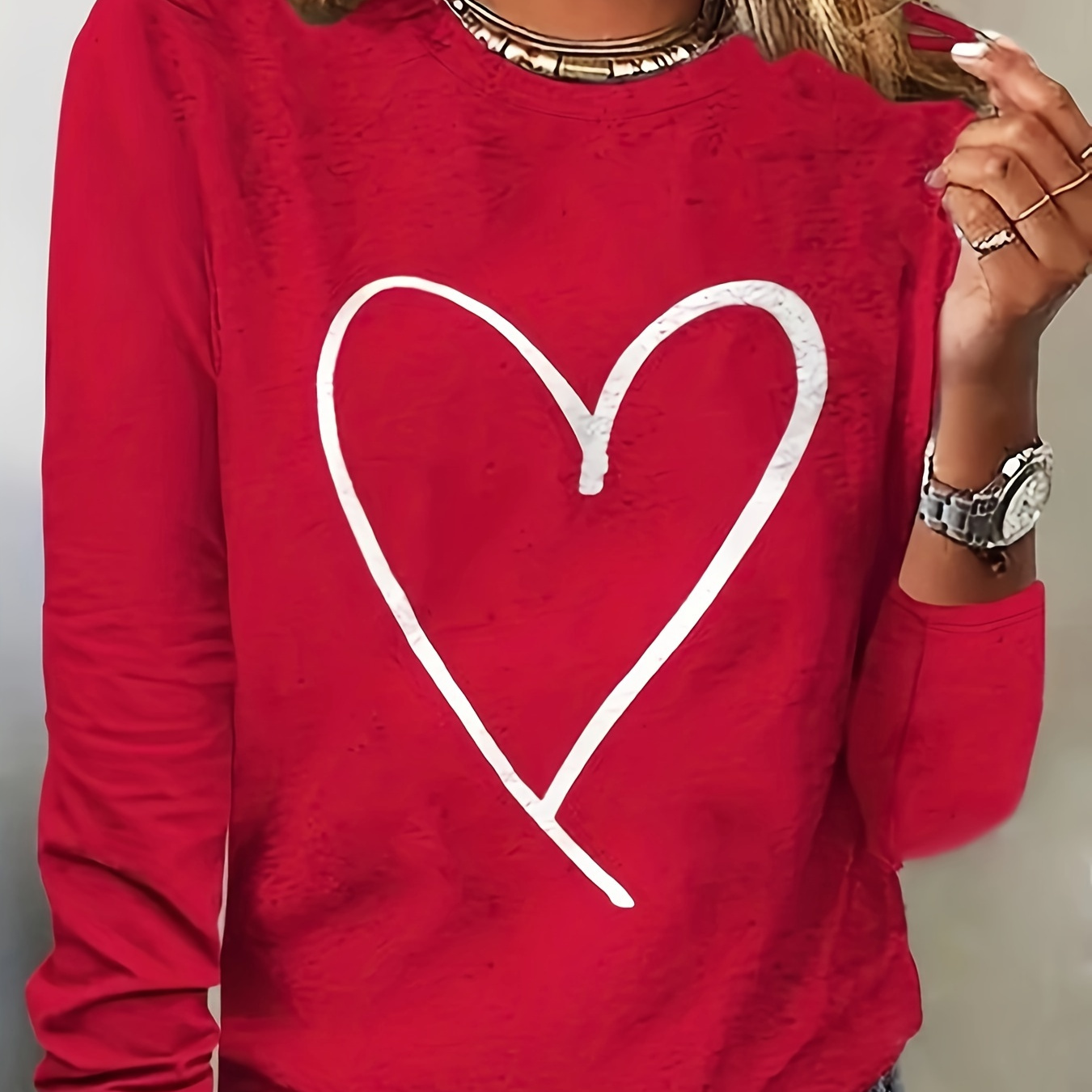 

Heart Print Crew Neck T-shirt, Casual Long Sleeve Top For Spring & Fall, Women's Clothing