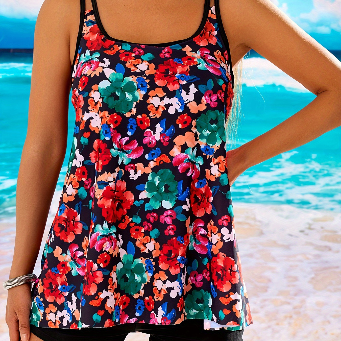 

Plus Size Modest Tankini Set, Women's Plus Floral Print Round Neck Split Strap Cami Top & Shorts Swimsuit 2 Piece Set