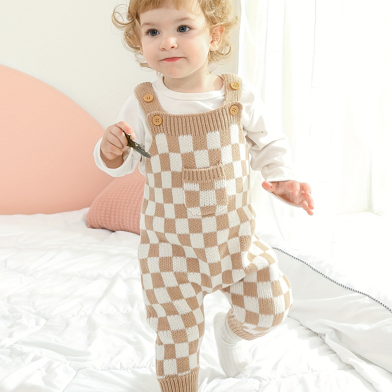 

Baby Pop Plaid Knitted Long Overall Pants, Elastic Casual Suspender Jumpsuit With Cute Small Pocket On The Chest Without Inner Wear