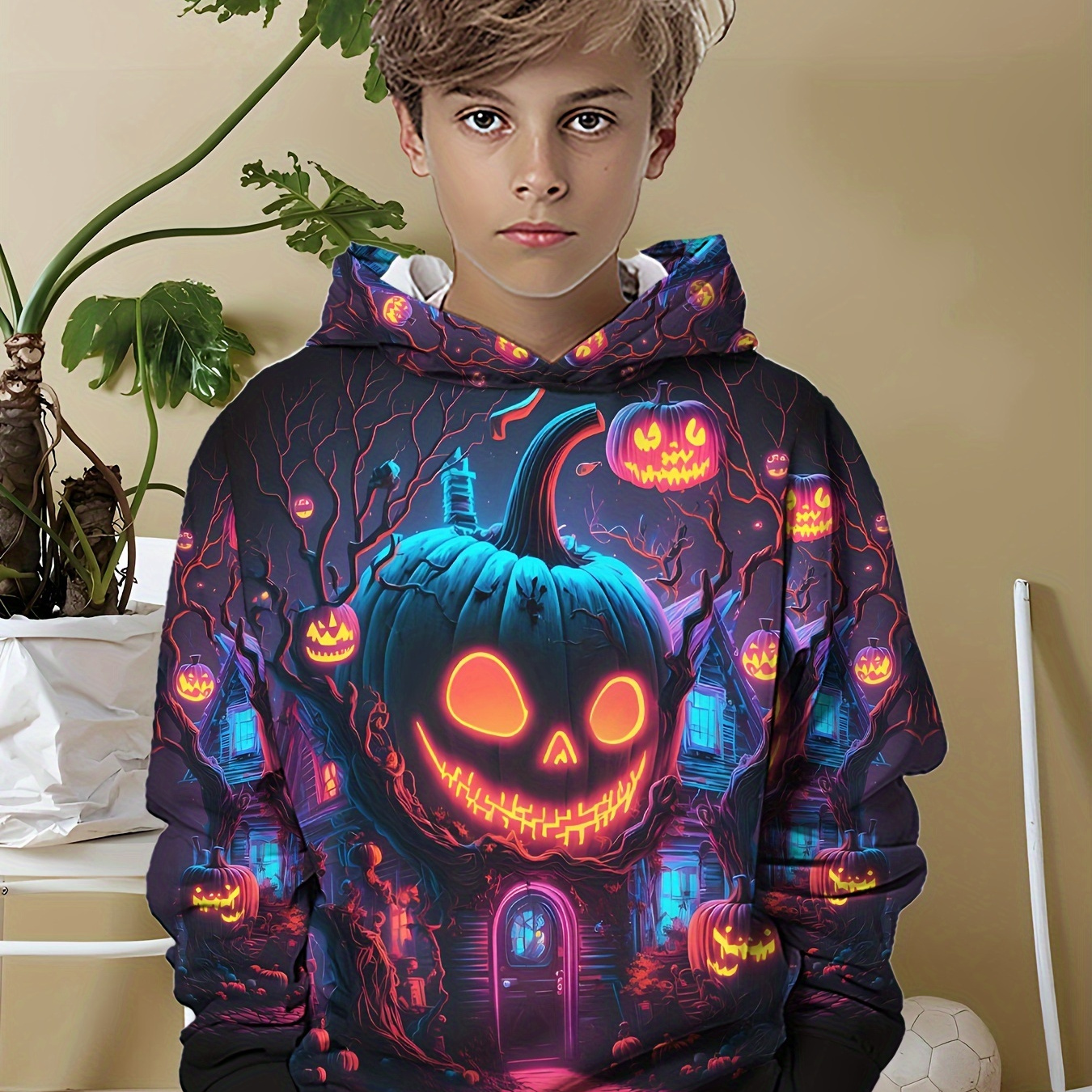 

Lantern Print Hoodie For Boys - Casual Polyester Spandex Blend Hooded Sweatshirt With Long Sleeves, Slight Stretch Knit Fabric For Spring/fall - Regular Fit Pullover With Hood