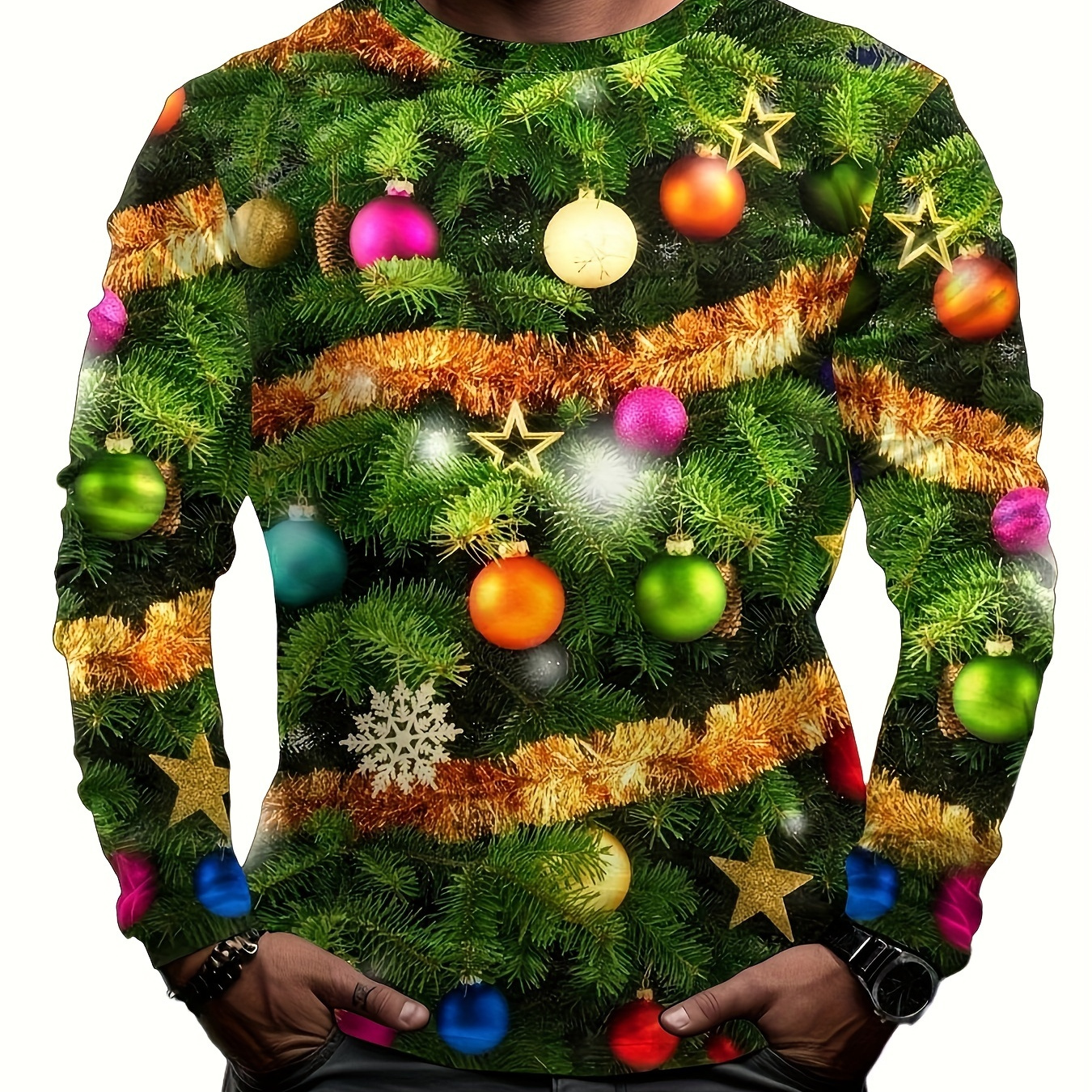 

Christmas Tree Ball Print, Men's Long Sleeve Novelty T-shirt, Stylish Tees For Autumn, Mens Clothing