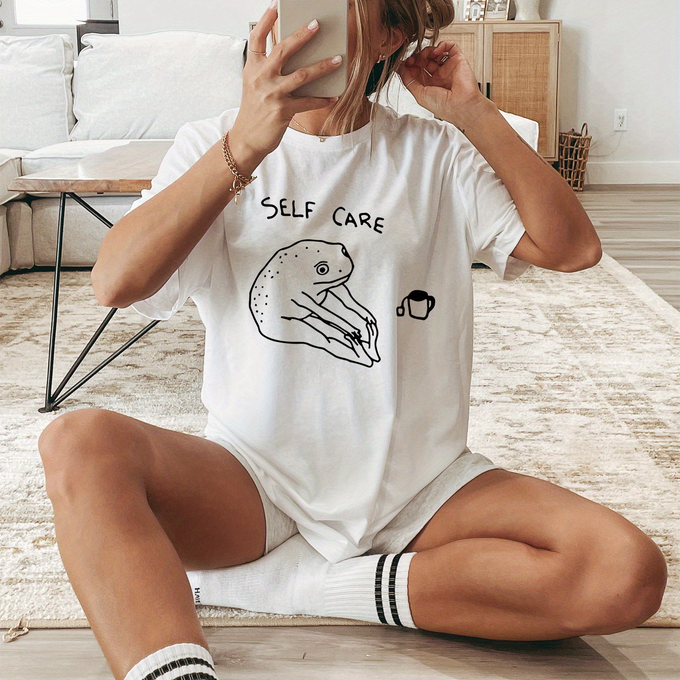 

Self Care Frog Print T-shirt, Short Sleeve Crew Neck Casual Top For Summer & Spring, Women's Clothing