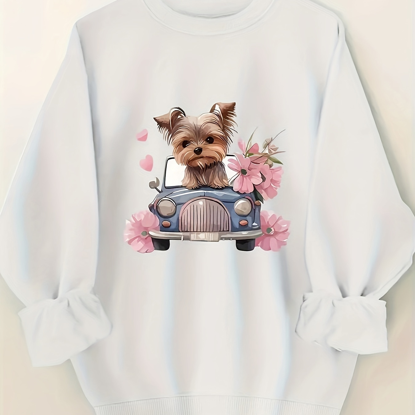 

Floral Yorkie Dog Crew Neck Sweatshirt - 100% Polyester Casual Knit Pullover With Cartoon Graphic For Fall/winter Season