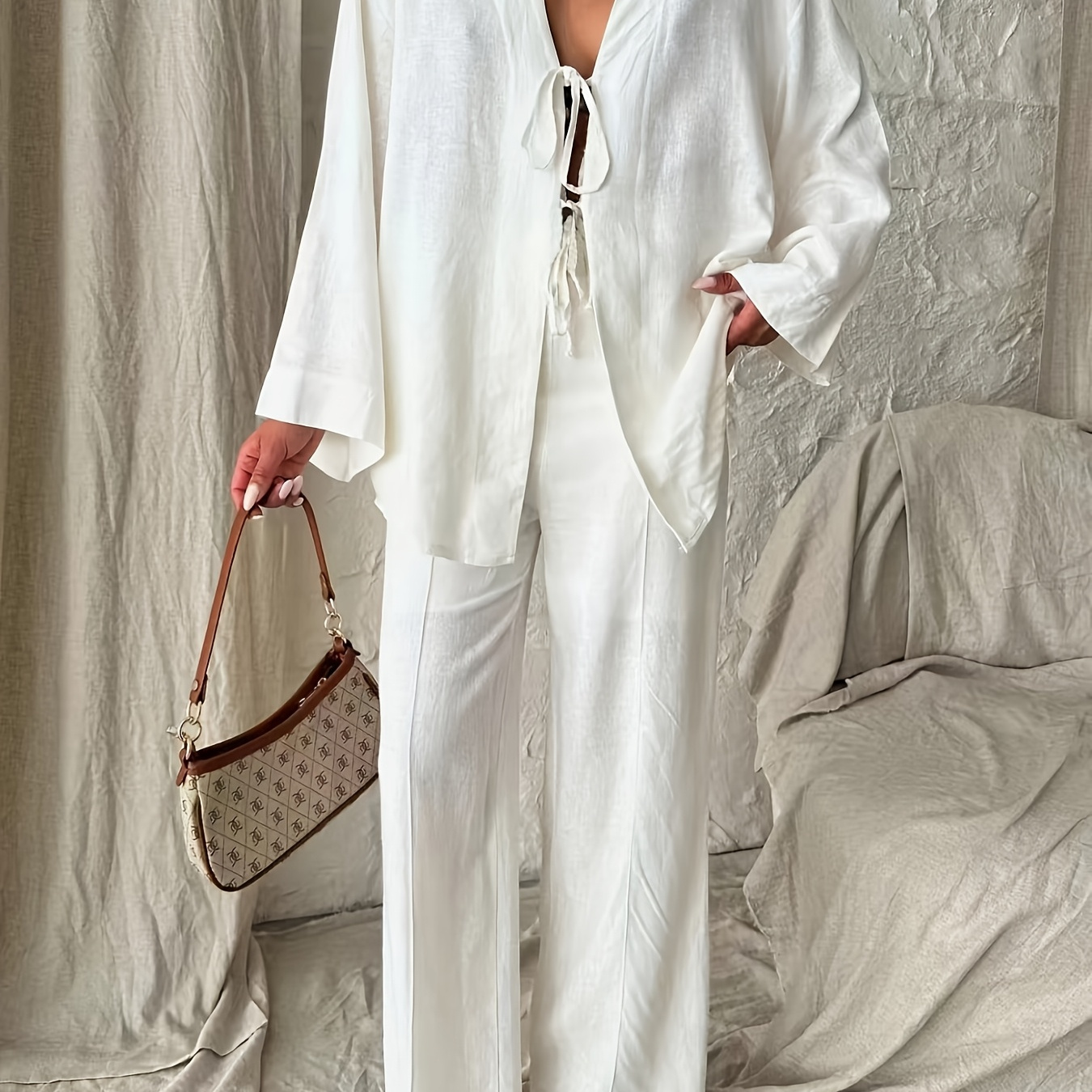 

Elegant Beaded Kimono Linen Set, Polyester And Elastane, Machine Washable, Open Collar - All , Flow,