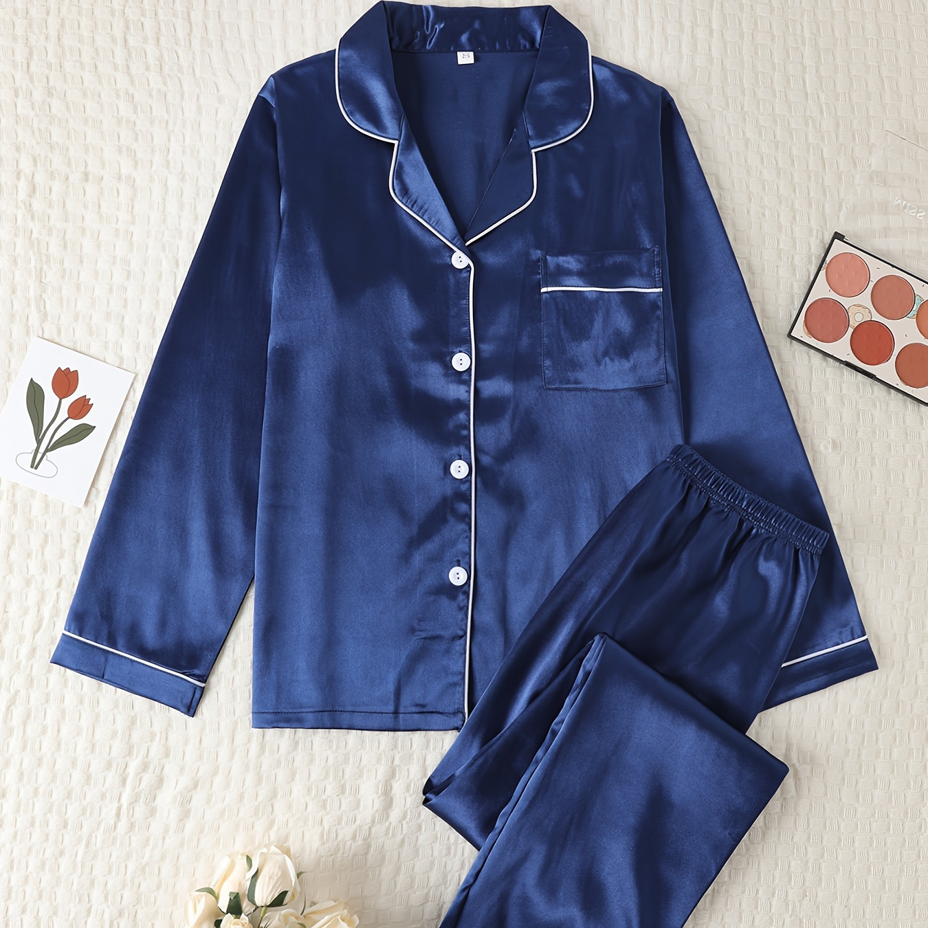 

Simple Solid Satin Pajama Set, Long Sleeve Buttons Lapel Top & Elastic Pants, Women's Sleepwear