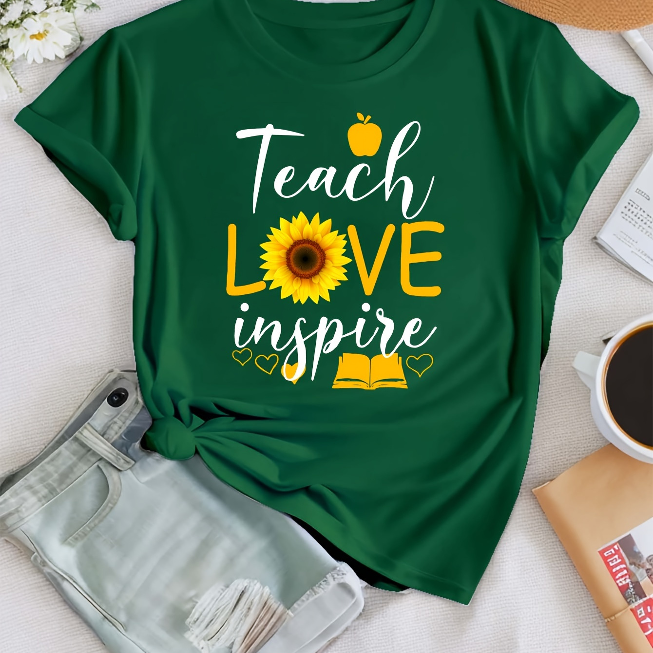 

Teachers Day Teach Love Print T-shirt, Short Sleeve Crew Neck Casual Top For Summer & Spring, Women's Clothing