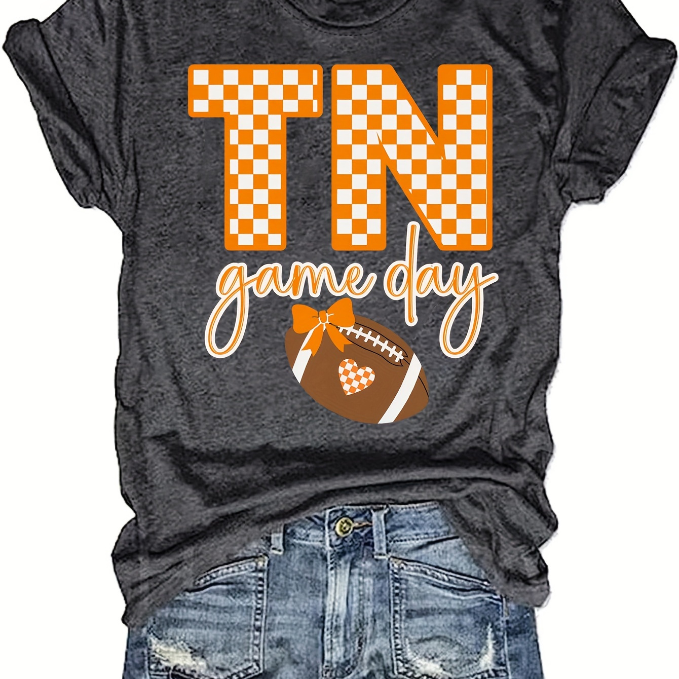 

Women's Casual T-shirt With "tn " Print, Polyester Knit Fabric, Round Neck, Comfort - Football Themed Graphic Design