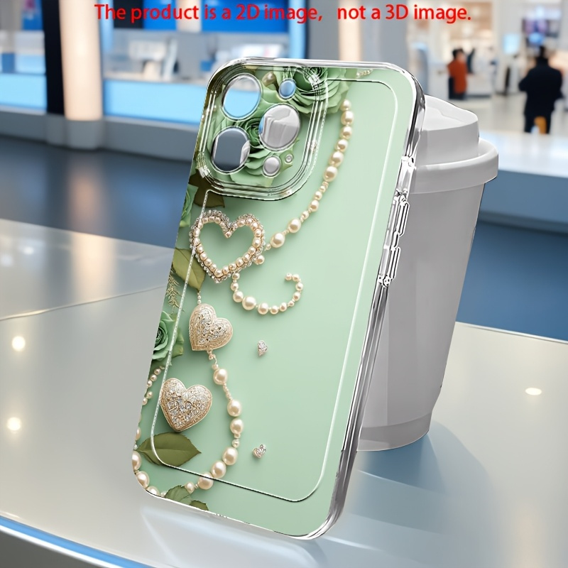 TEMU Phone Case - 2d Flat Mint Green Background Pearl Rose Diamond Heart Jewelry Creative Pattern Phone Case Suitable For Iphone 17 Pro Max 17 Pro 17