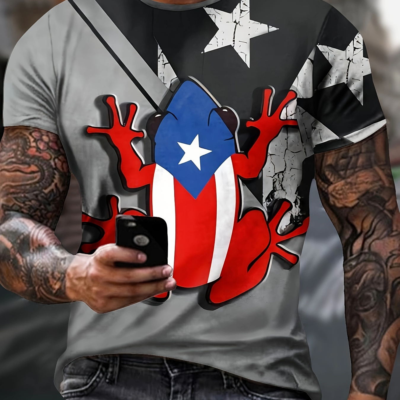 

Men's Comic Style Puerto Rico Theme Frog Pattern Print Crew Neck And Short Sleeve T-shirt For Summer Outdoors Wear, Novel And Chic Tops For Men