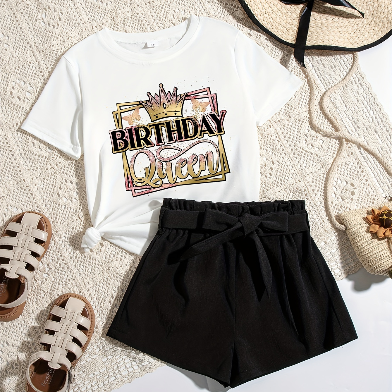 

Birthday Queen & Crown Graphic Print, Tween Girls' Casual & Stylish Outfit, 2pcs/set Short Sleeve Crew Neck Tee & High Waisted Paper Bag Shorts With Belt For Spring & Summer, Tween Girls' Clothing