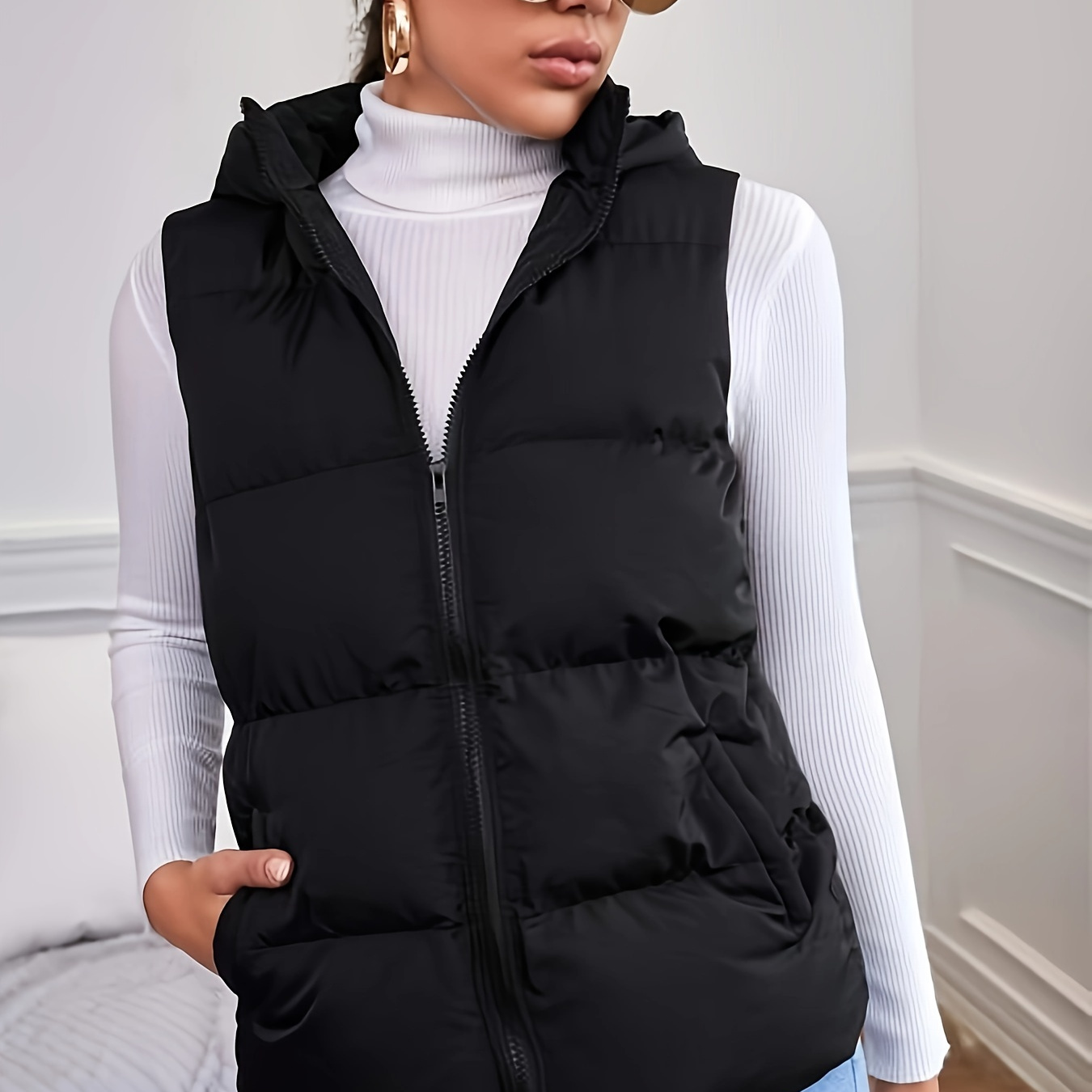 

1pc Unisex Solid Color Hooded Vest - Polyester Zippered Sleeveless Outerwear For Fall/winter, Casual Loose Fit Adult Puffer Vest