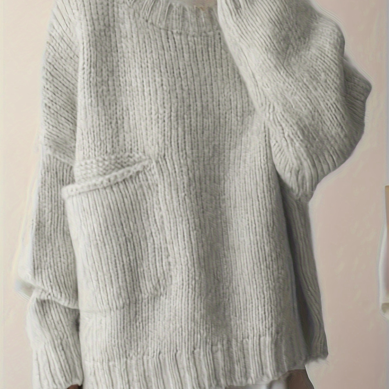 

Women's Elegant Knit Sweater With Pocket - Casual Round Neck, Loose Fit, Ribbed Detail, Fall/winter