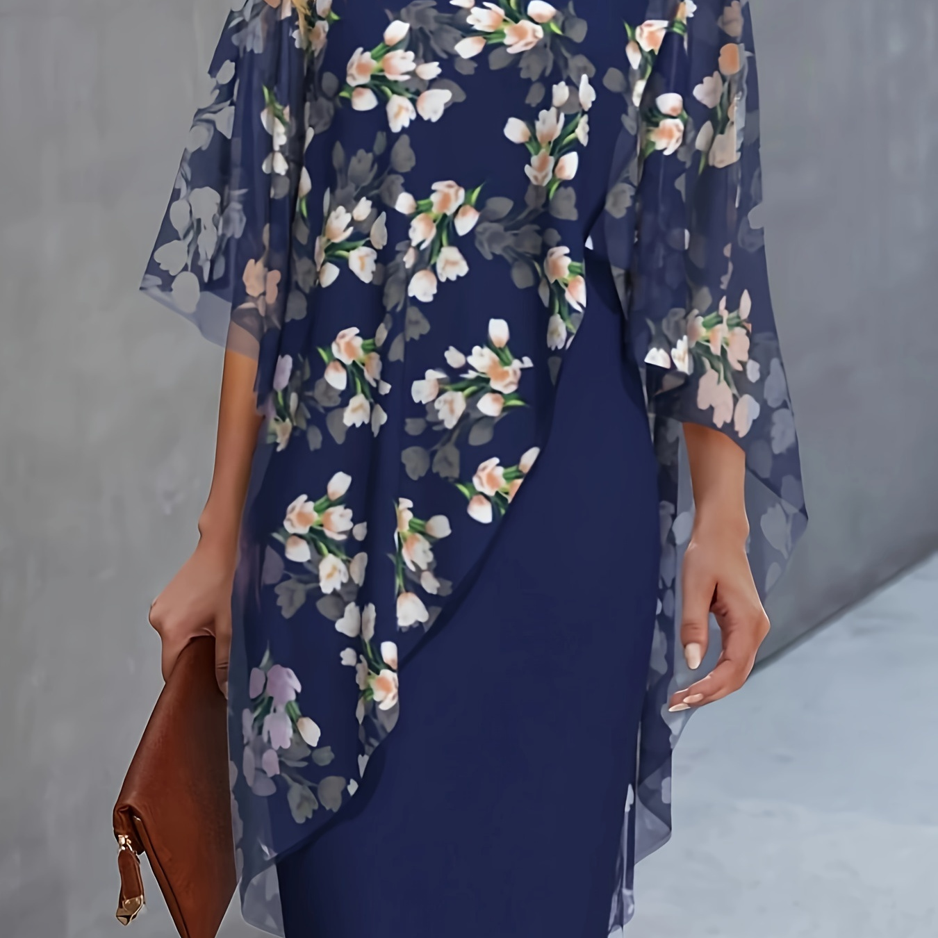 

Floral Print Mesh Splicing Dress, Elegant Half Sleeve Slim Dress For Spring & Fall, Women's Clothing
