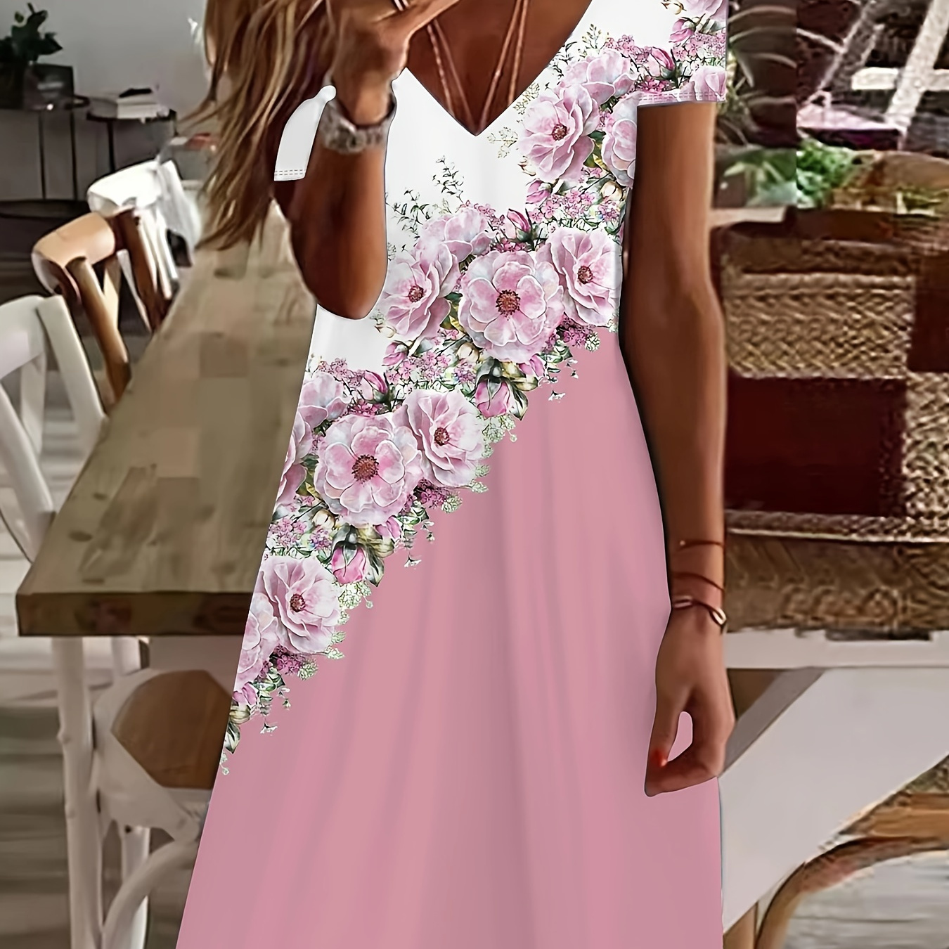 

Floral Print Color Block Dress, Casual Short Sleeve V-neck Dress, Women's Clothing