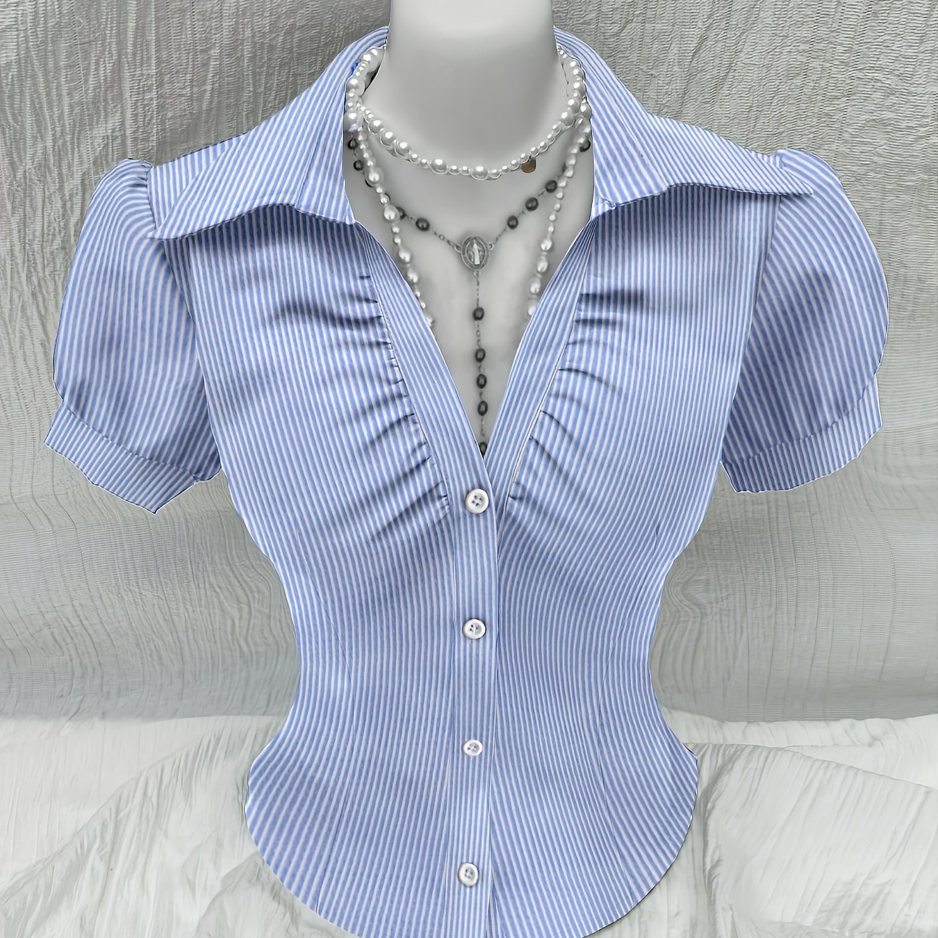 

1pc Elegant Women's Casual V-neck Striped Polyester Shirt, 100% Polyester Woven Fabric, Summer Button-up Blouse For Adults