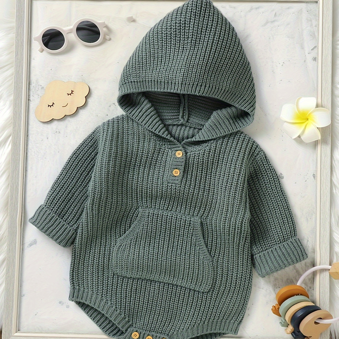 

Baby Boys Solid Knitted Hooded Romper With Kangaroo Pocket, Long Sleeve Comfortable Casual Triangle Bodysuit, Fall Winter Casual Wear