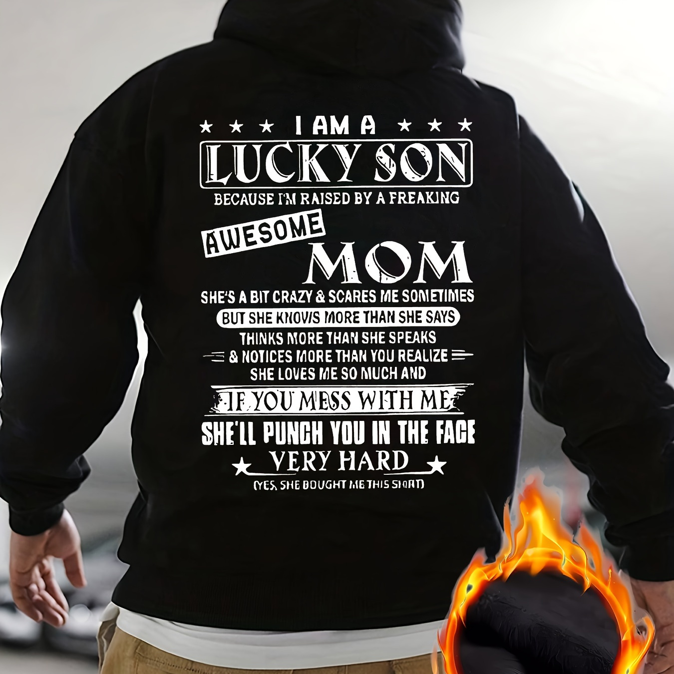 

Lucky Son Mom Print Men's Pullover Round Neck Long Sleeve Hooded Sweatshirt Pattern Loose Casual Top For Autumn Winter Men's Clothing As Gifts