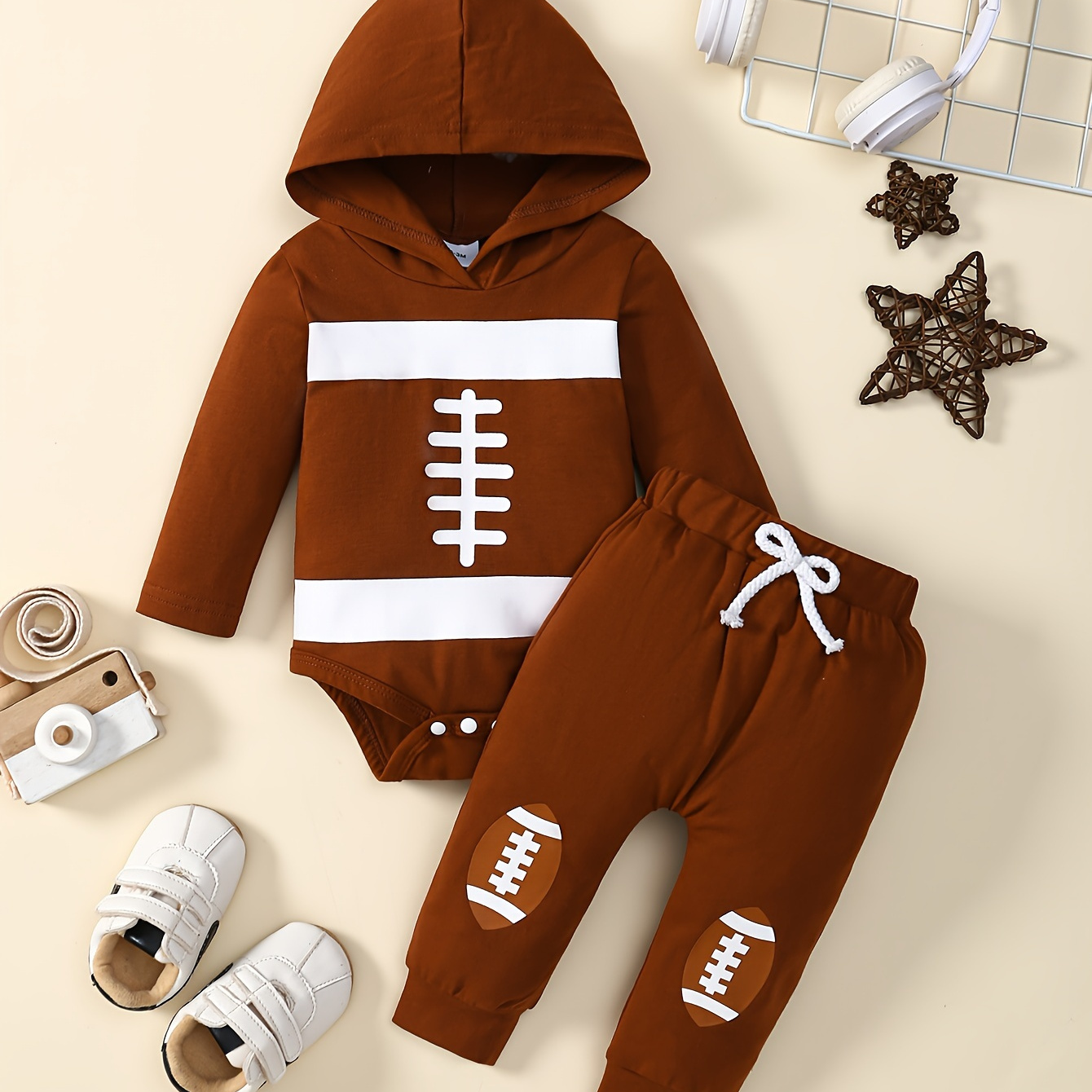 

2pcs 's Pattern Hooded Bodysuit & Pants, Toddler & Infant Boy's Clothing Set, Cloth