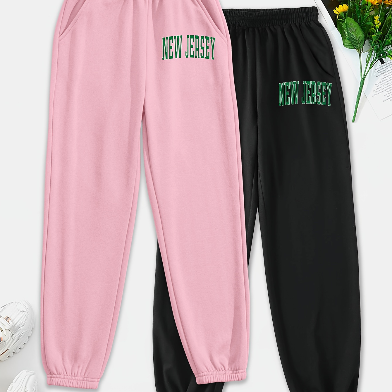 2pcs Street Style Girls ''NEW JERSEY'' Letter Print Sports Casual  Sweatpants High Waist Loose Trousers Joggers, Girl Clothing