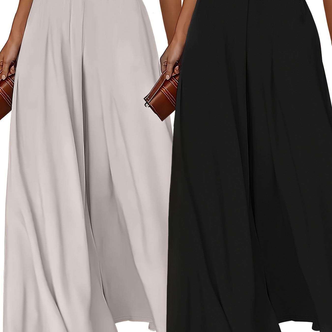 

2pcs Plus Size Solid Color Pants, Elegant Elastic Waist Wide Leg Pants, Women's Plus Size Clothing