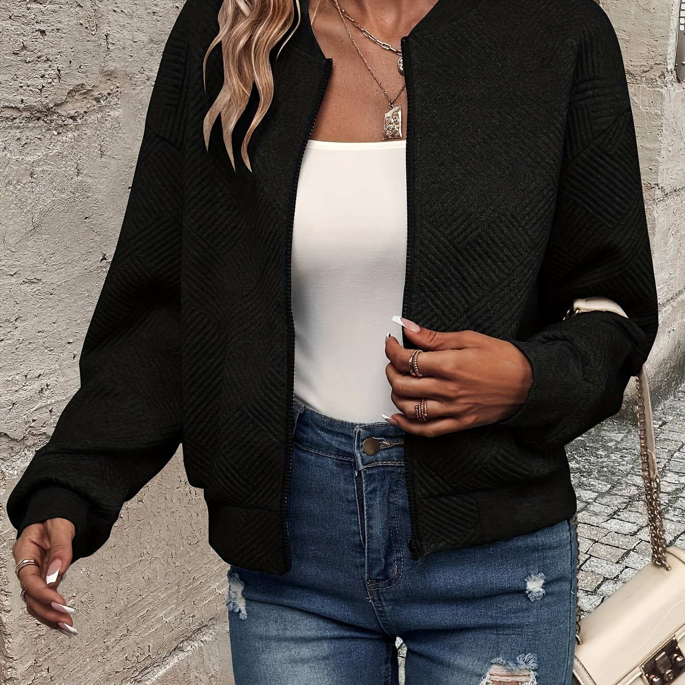 

Textured Solid Up Jacket, Elegant Long Sleeve Baseball Collar Jacket For Spring & Fall, Women's Clothing