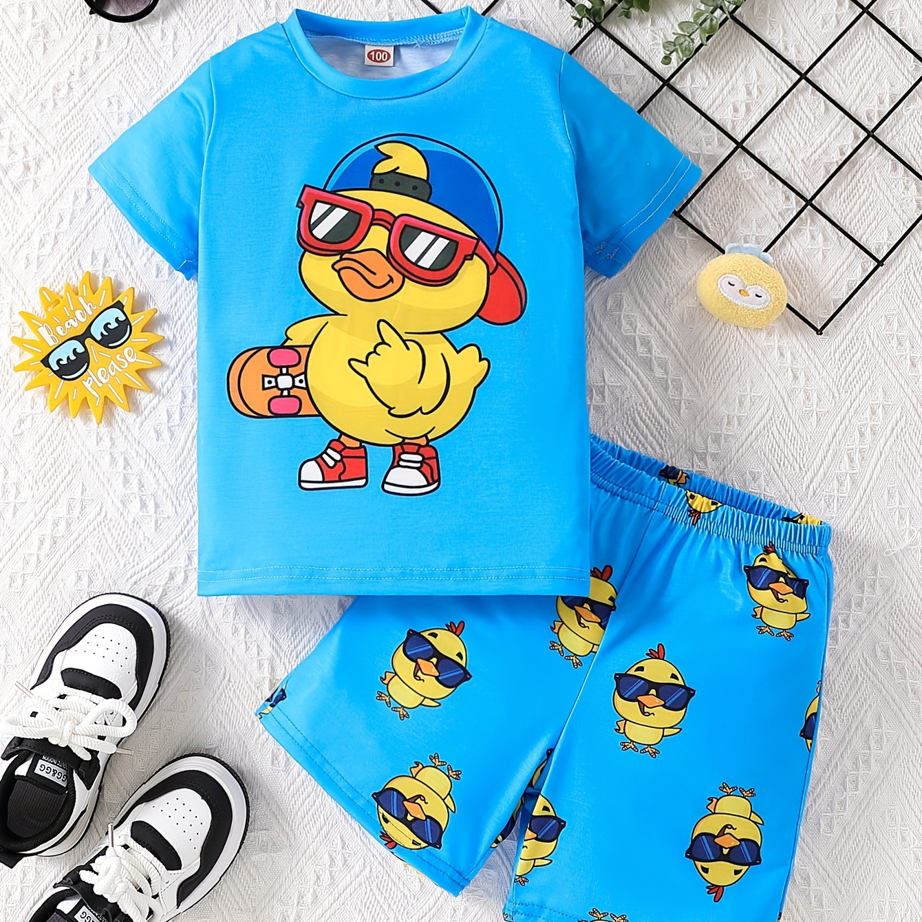 

Boy's 2-piece Casual Co Ord Set, Cartoon Duck Print Versatile Short Sleeve Tee And Shorts, Comfy Summer Clothes