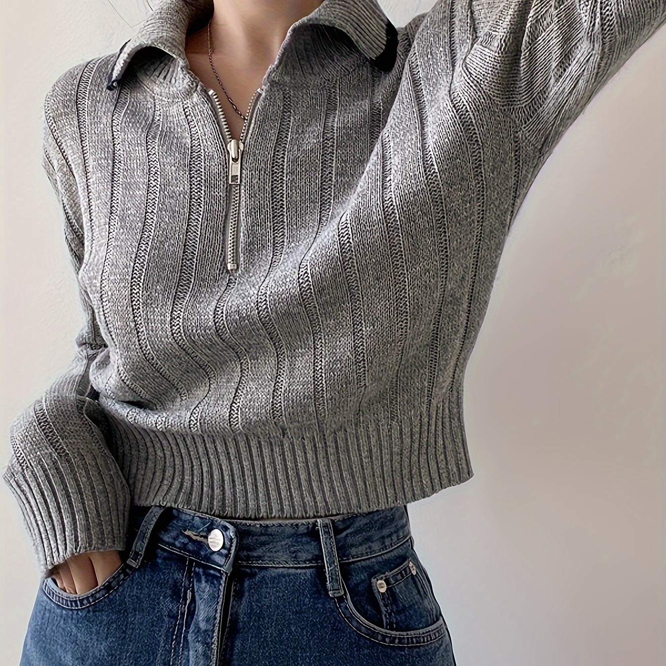 

Rib Collared , Long Sleeve For Fall & , Women's Clothing