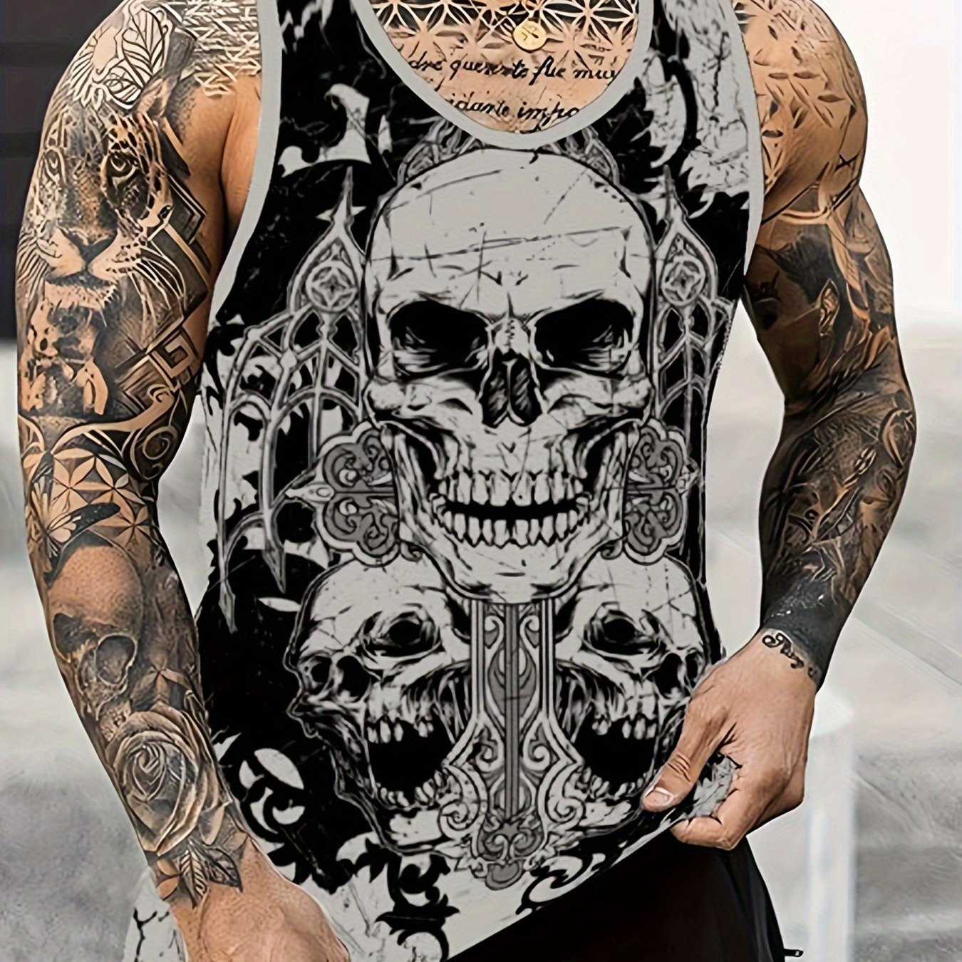 

Men's New Summer Comic Style Skeleton Skull Pattern Neck Sleeveless Tank Top, Cool And Stylish Sports Vest For Fitness And Outdoors Activities