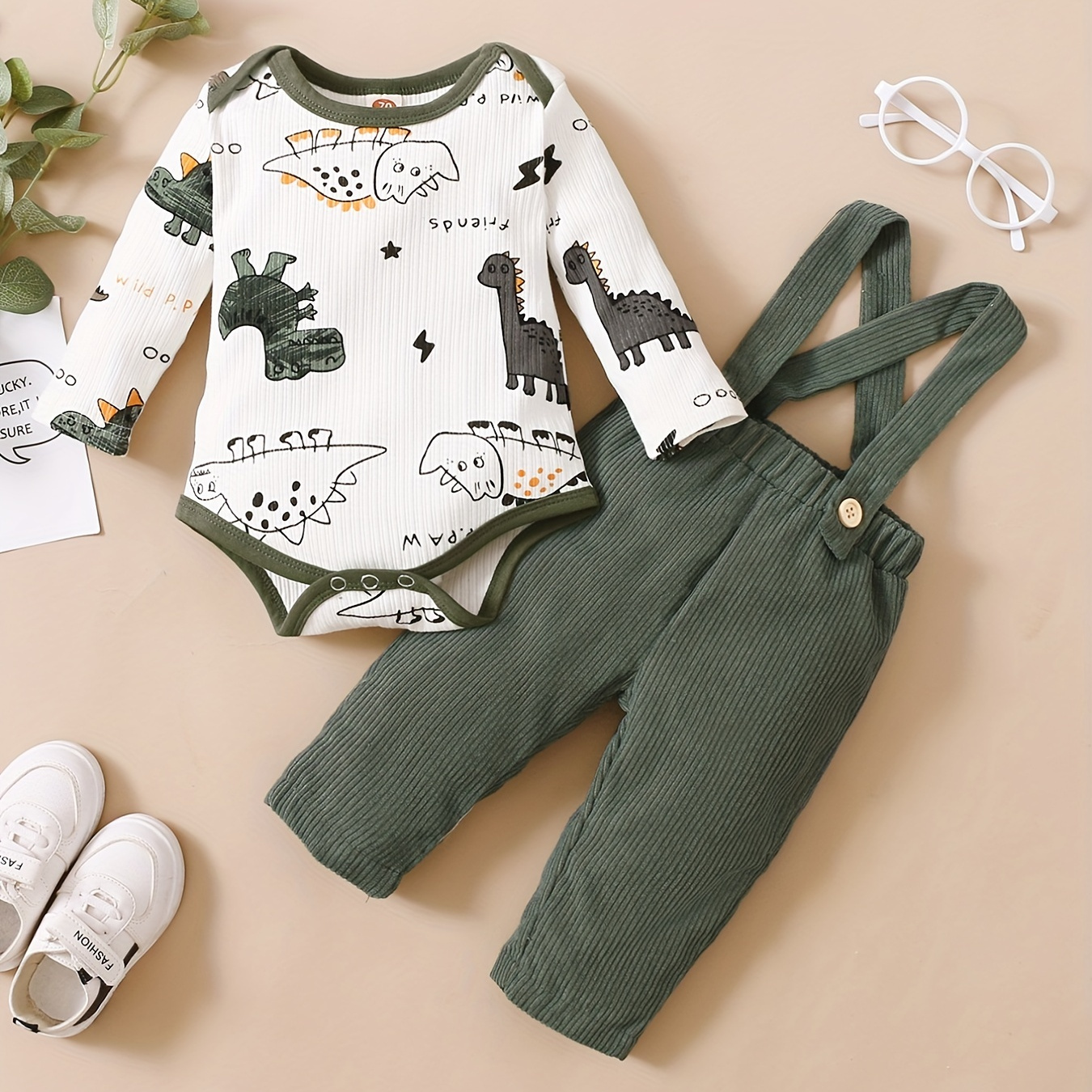 

Baby Boy's Cute Dinosaur Print Romper Top & Bib Pants Set, Infant Fall/winter Dress Up