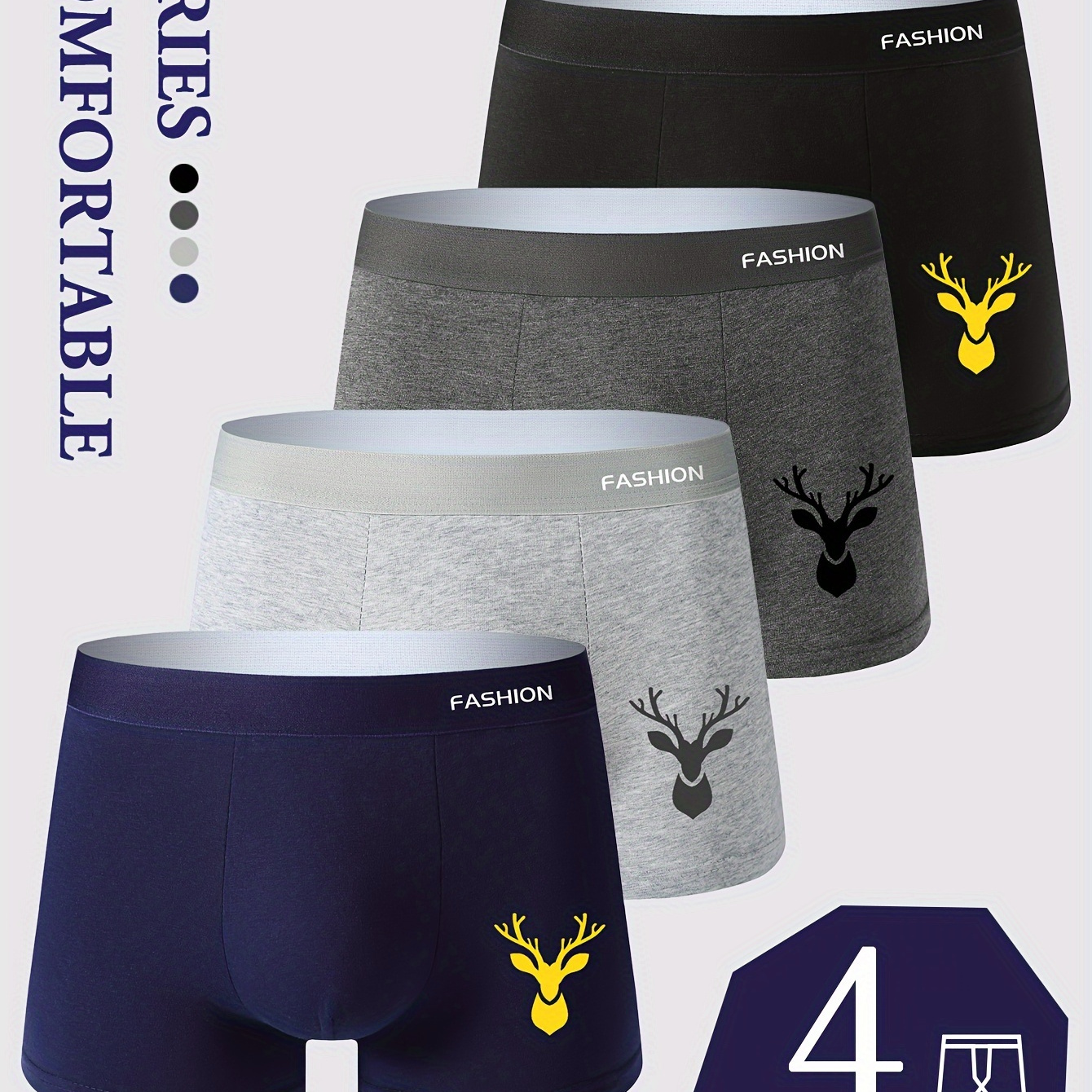 

4 Pcs Men's Trendy Deer & Letter Print Boxer Briefs, Comfy & Sports Underwear Set