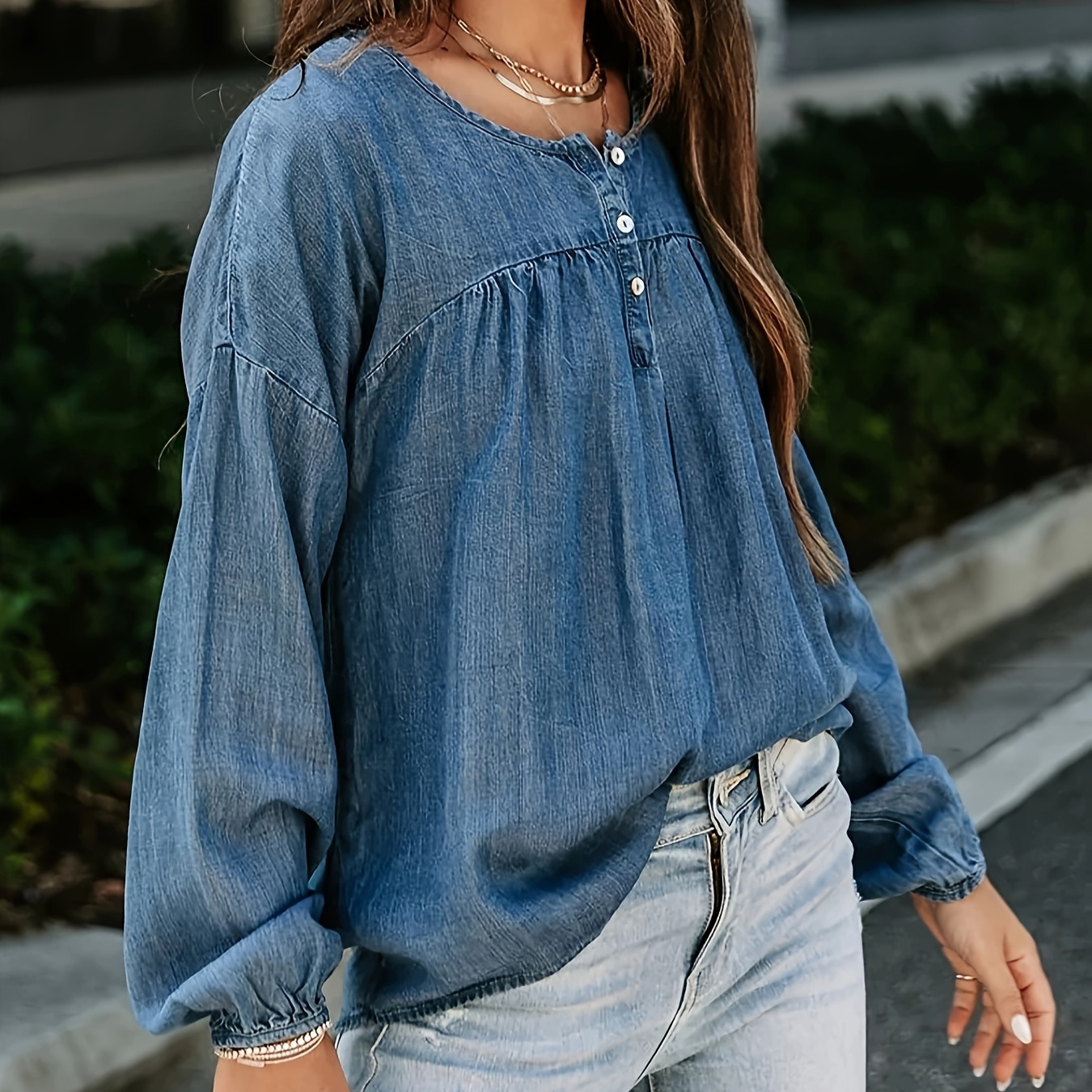 

Women's Top - Round , Long Sleeve, Non-stretch - For /summer/fall
