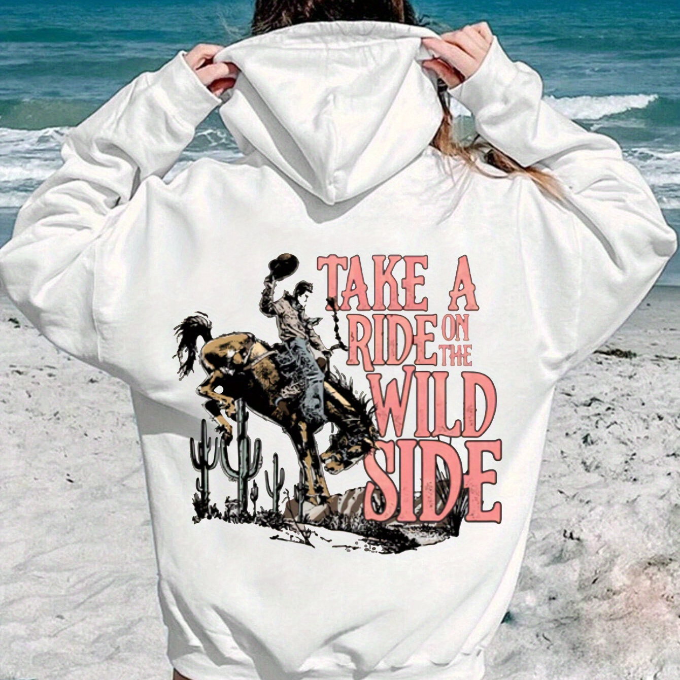 

Cowboy Print Kangaroo Pocket Hoodie, Casual Long Sleeve Drawstring Hoodies Sweatshirt, Women's Clothing