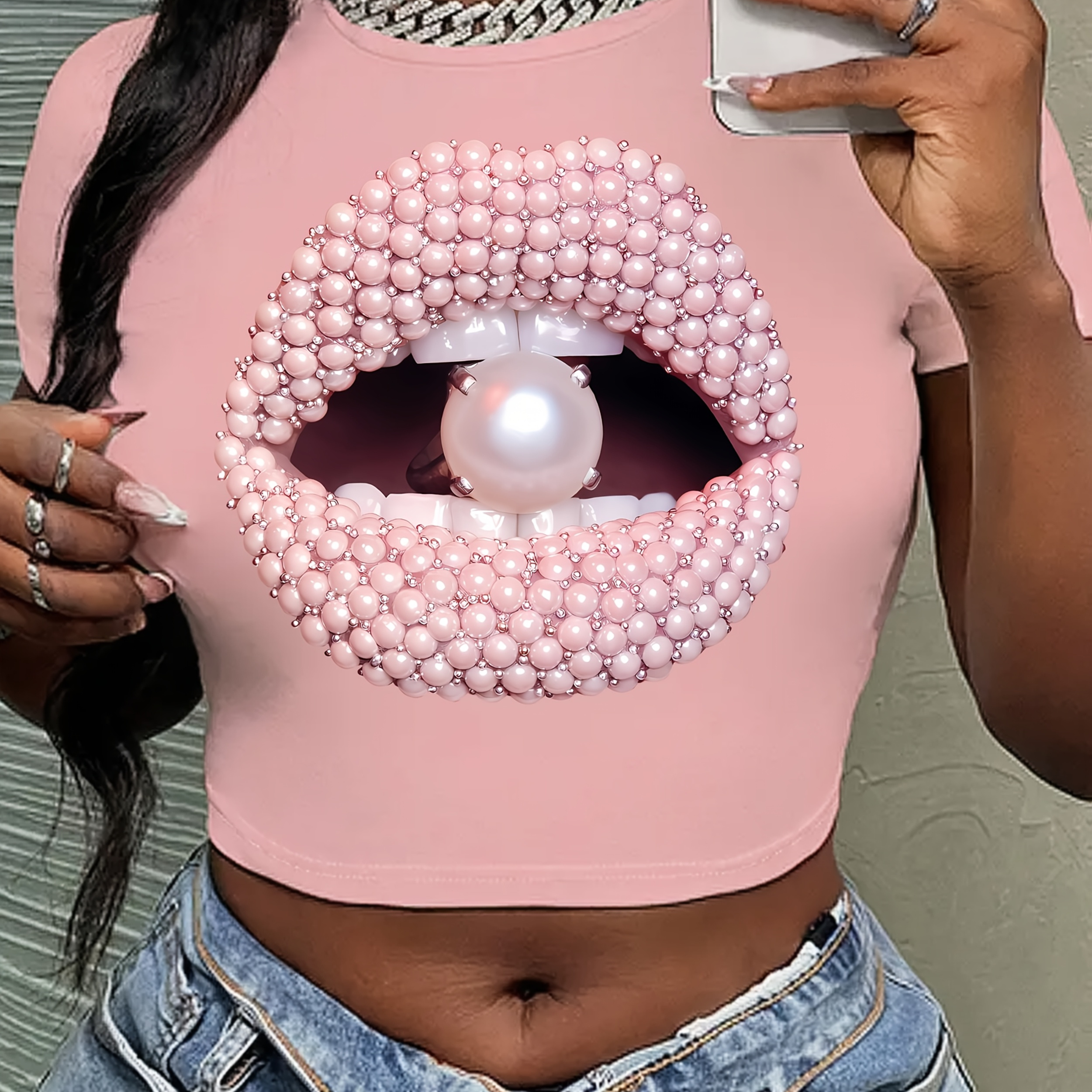 

Women's Y2k Style Pearl Lips Graphic Tee, 95% Polyester 5% Elastane, Crew Neck Short Sleeve Crop Top, Medium Stretch Knit Fabric, Spring/summer Fashion, Regular Length - 210gsm