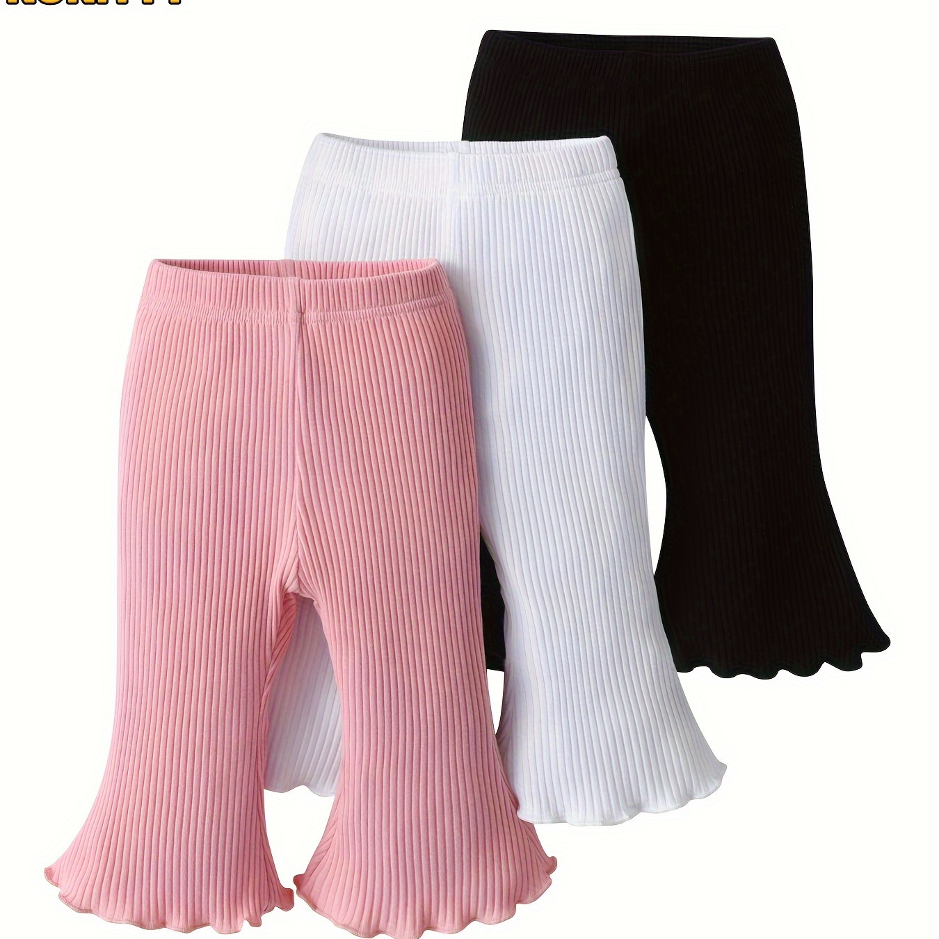 TEMU Kukitty Baby Girl 3pcs Set Of Solid Color Flared Pants And Casual Ribbed Leggings, For Outdoor