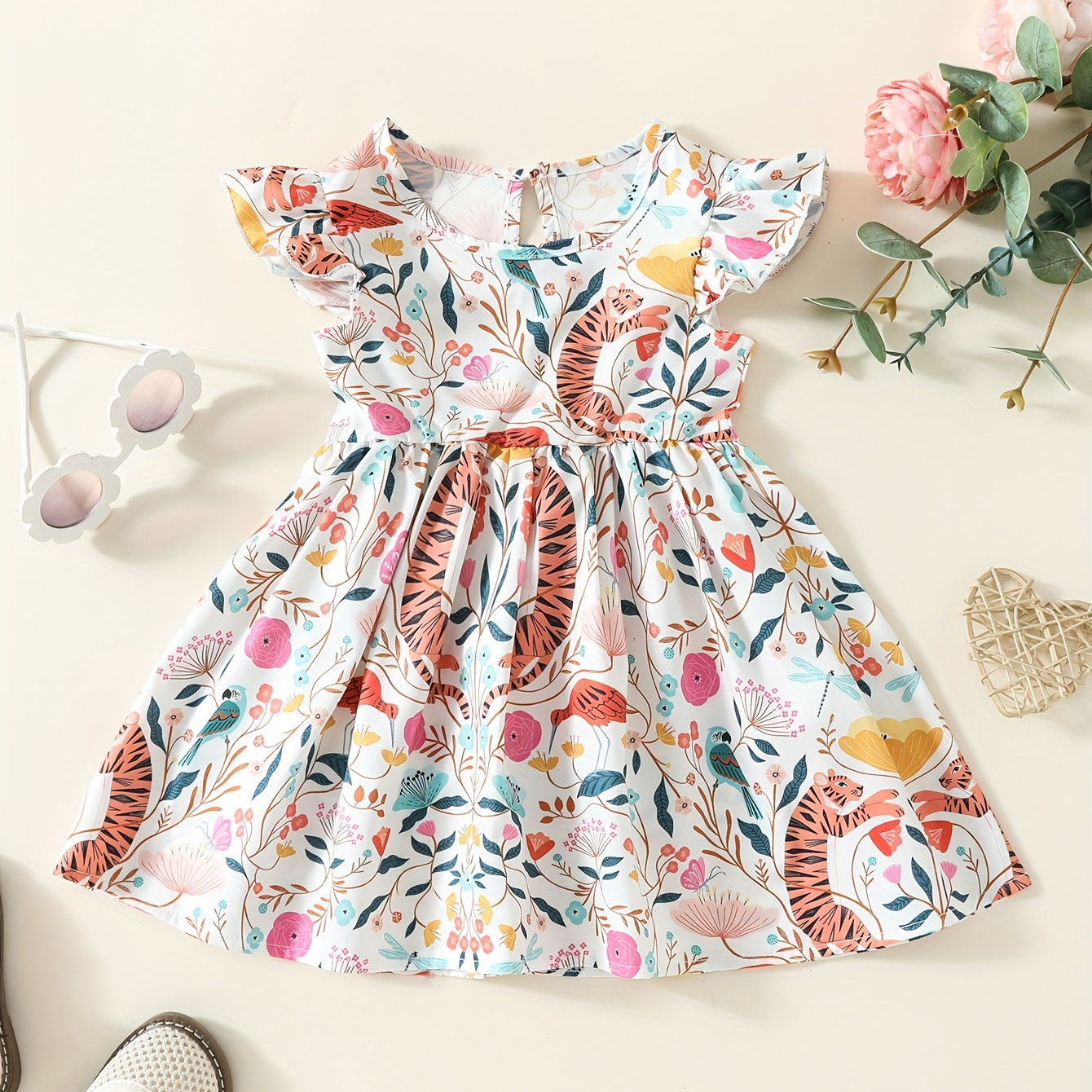 

Baby's Cartoon Tiger Flower Pattern Dress, Casual Cap Sleeve Dress, Infant & Toddler Girl's Clothing For Summer/spring, As Gift