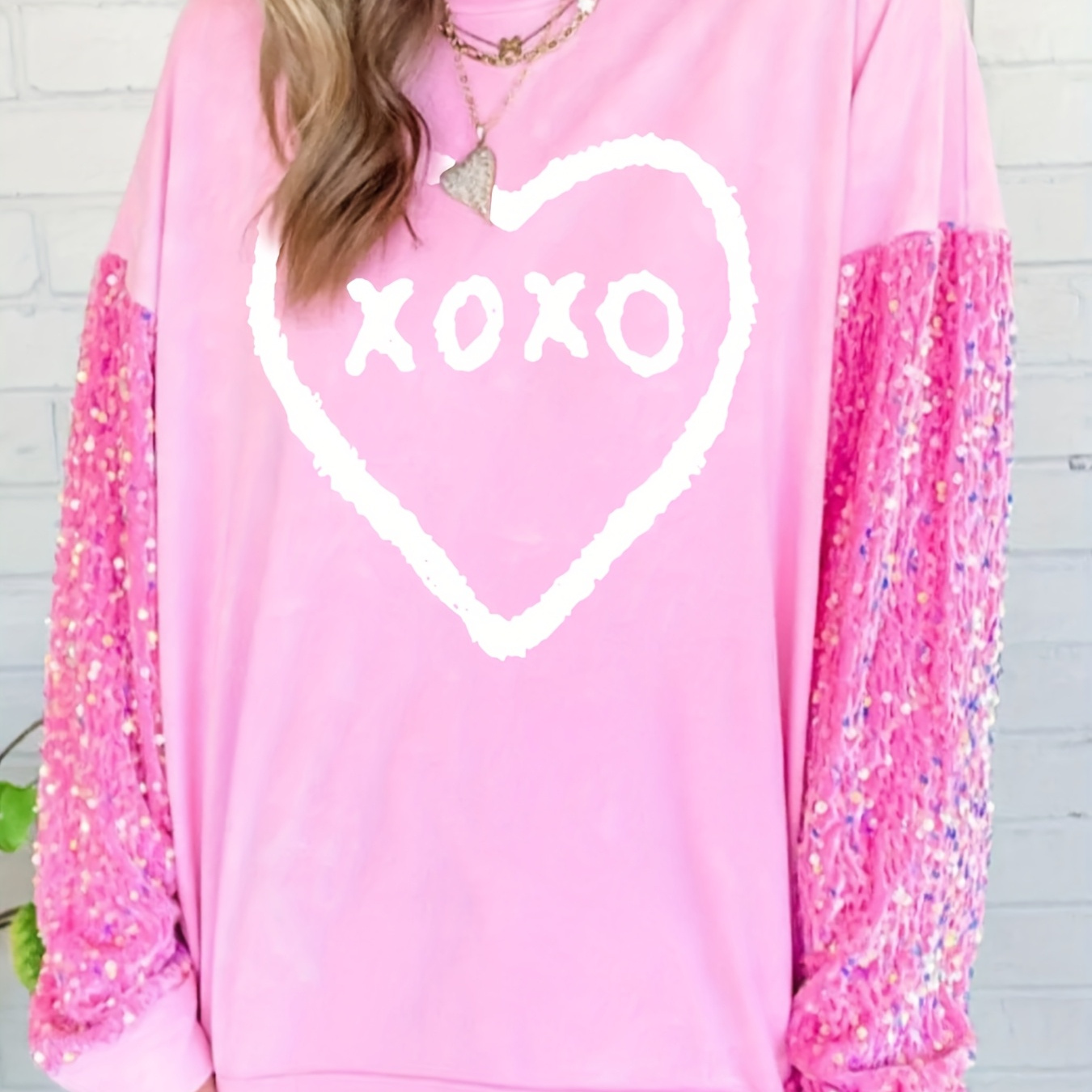 

Valentine's Day Sparkle: Women's Pink Sequin-accented Sweatshirt With Letter Print - Casual Crew Neck, Stretchy Polyester , Machine Washable