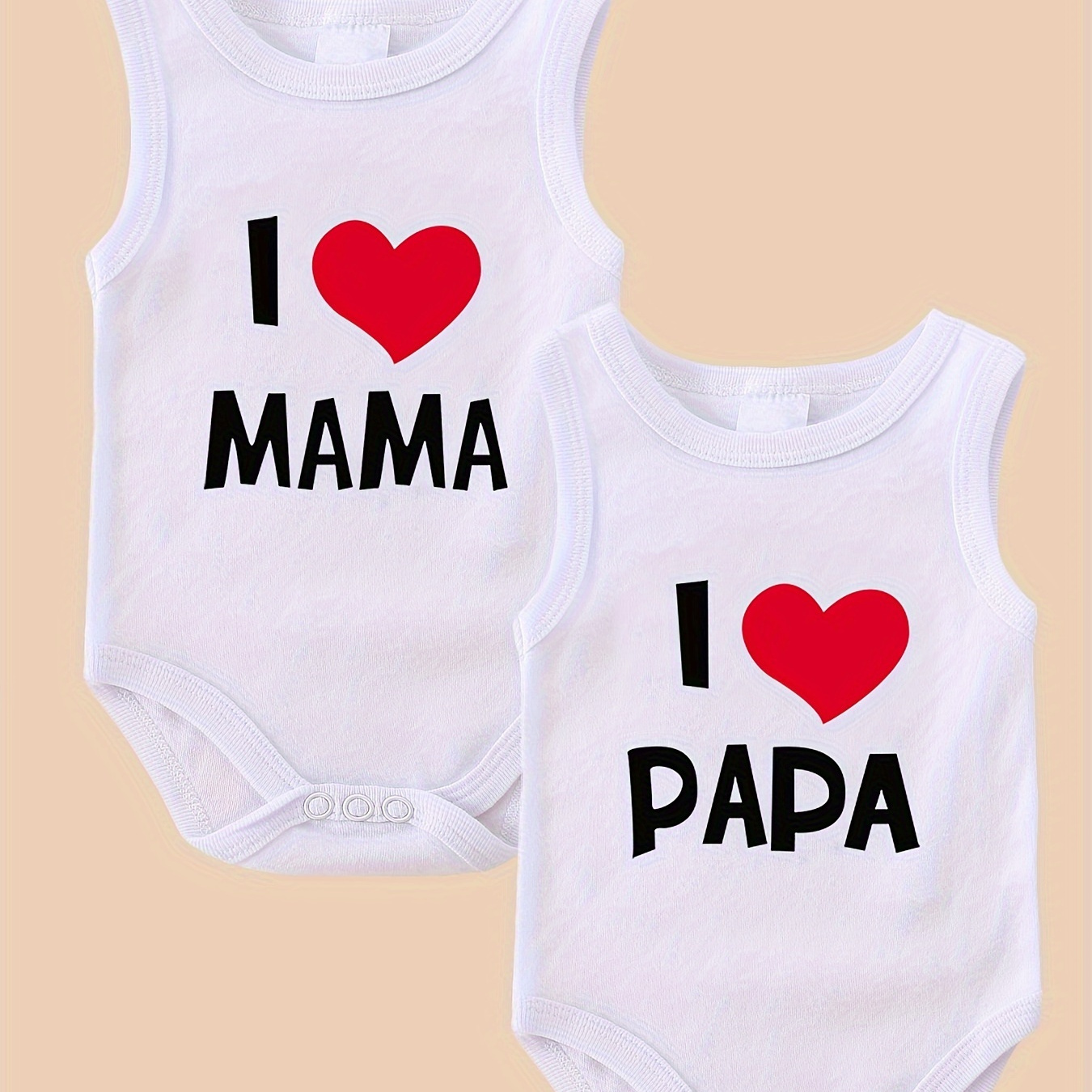 

2pcs Baby Boys 100% Cotton Romper, I Love Mama & I Love Papa Print Sleeveless Comfortable Triangle Onesie, Summer Wear