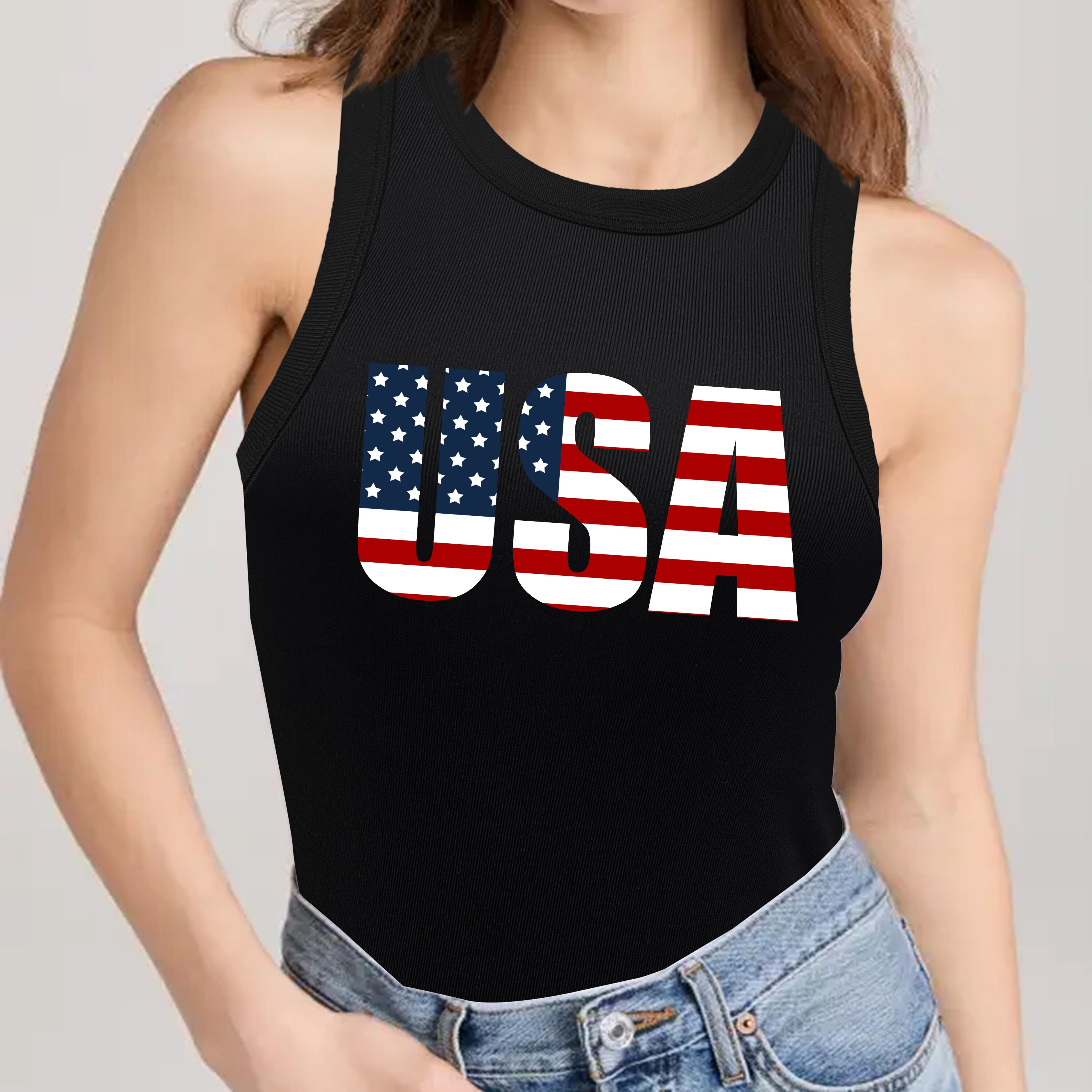 

Usa Print Crew Neck Tank Top, Casual Sleeveless Top For Summer & Spring, Women's Clothing