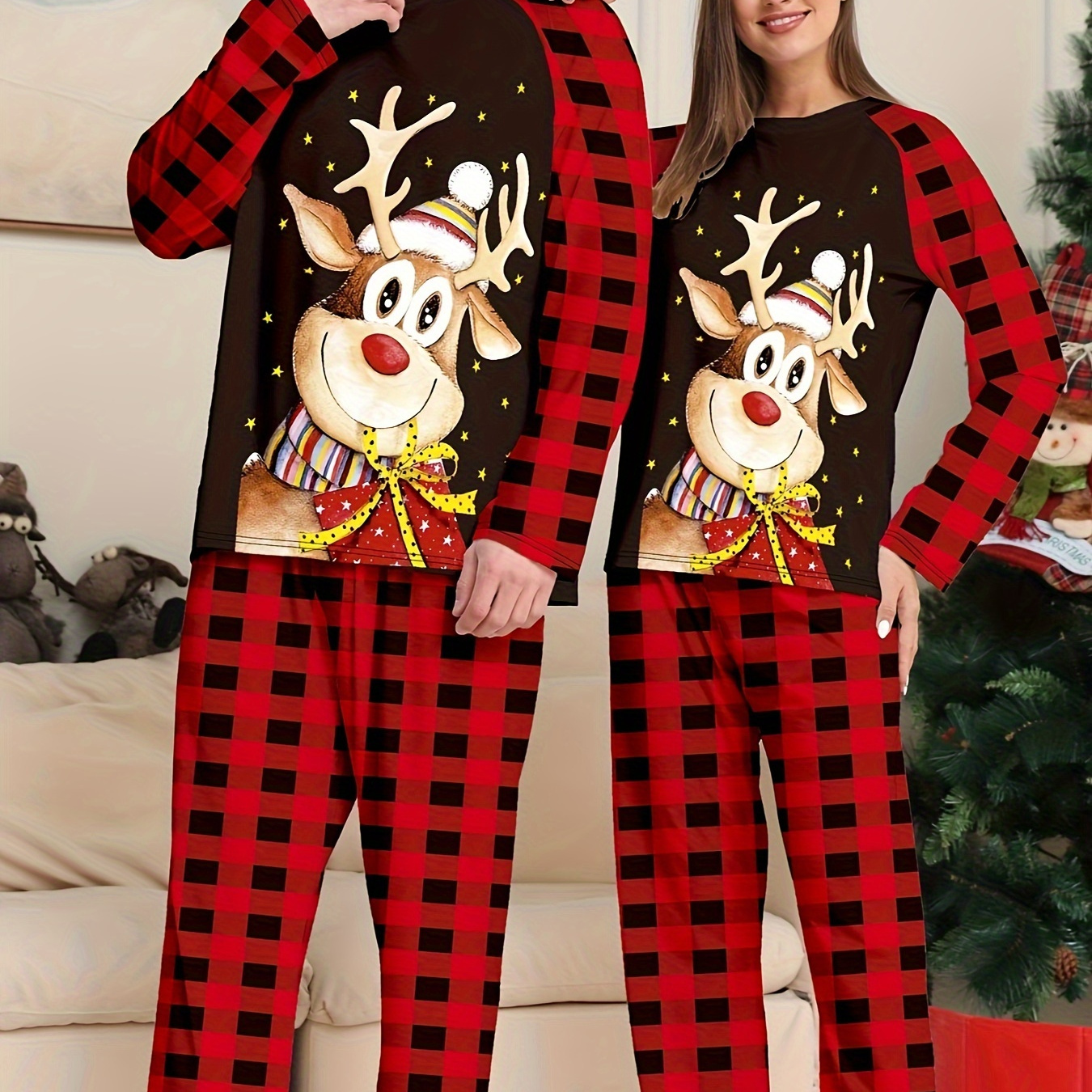 

Cozy Christmas Reindeer & Pajama Set For Teens - Long Sleeve Crew Neck Top & Pants, Soft Polyester , Machine Washable