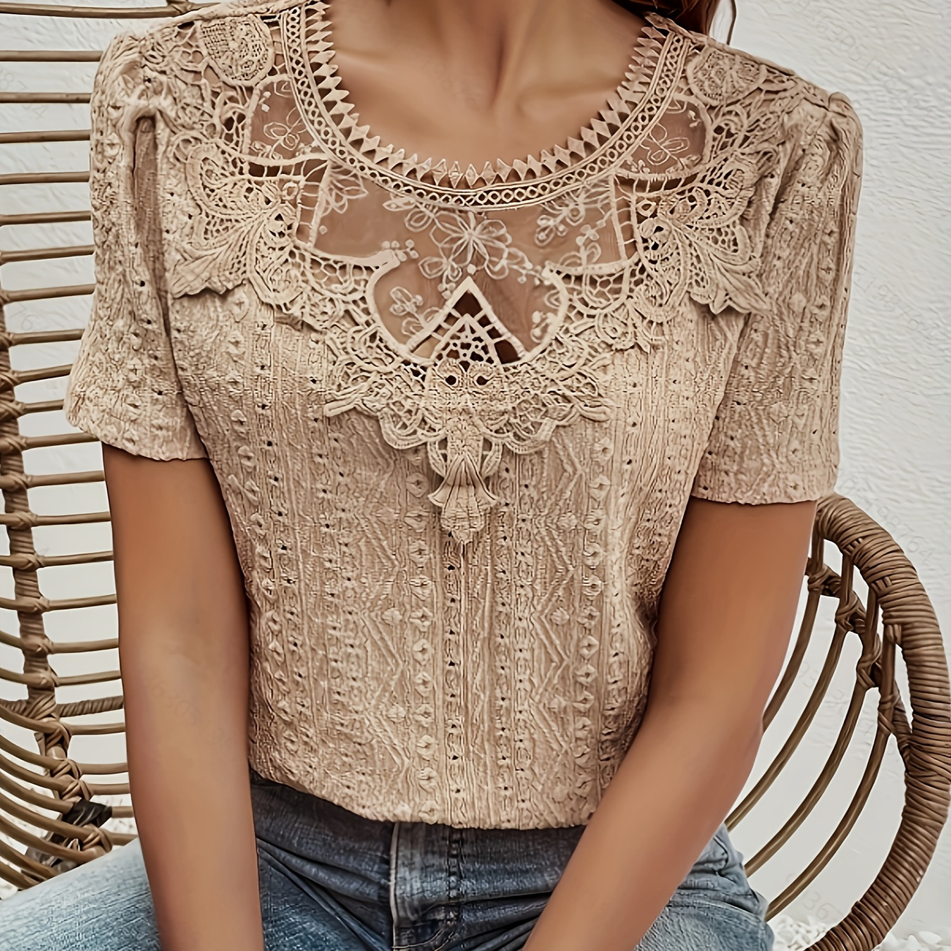 

Contrast Lace Crew Neck Blouse, Casual Short Sleeve Blouse For Spring & Summer, Women's Clothing