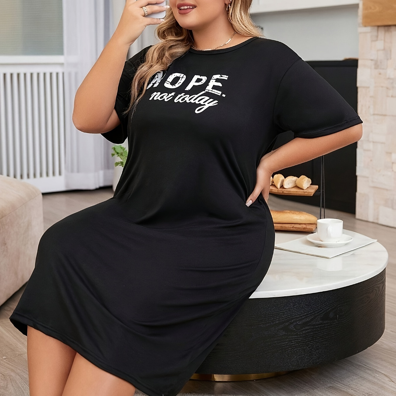 

Robe de nuit décontractée pour femme, grande taille, motif slogan, manches courtes, col rond, t-shirt de nuit