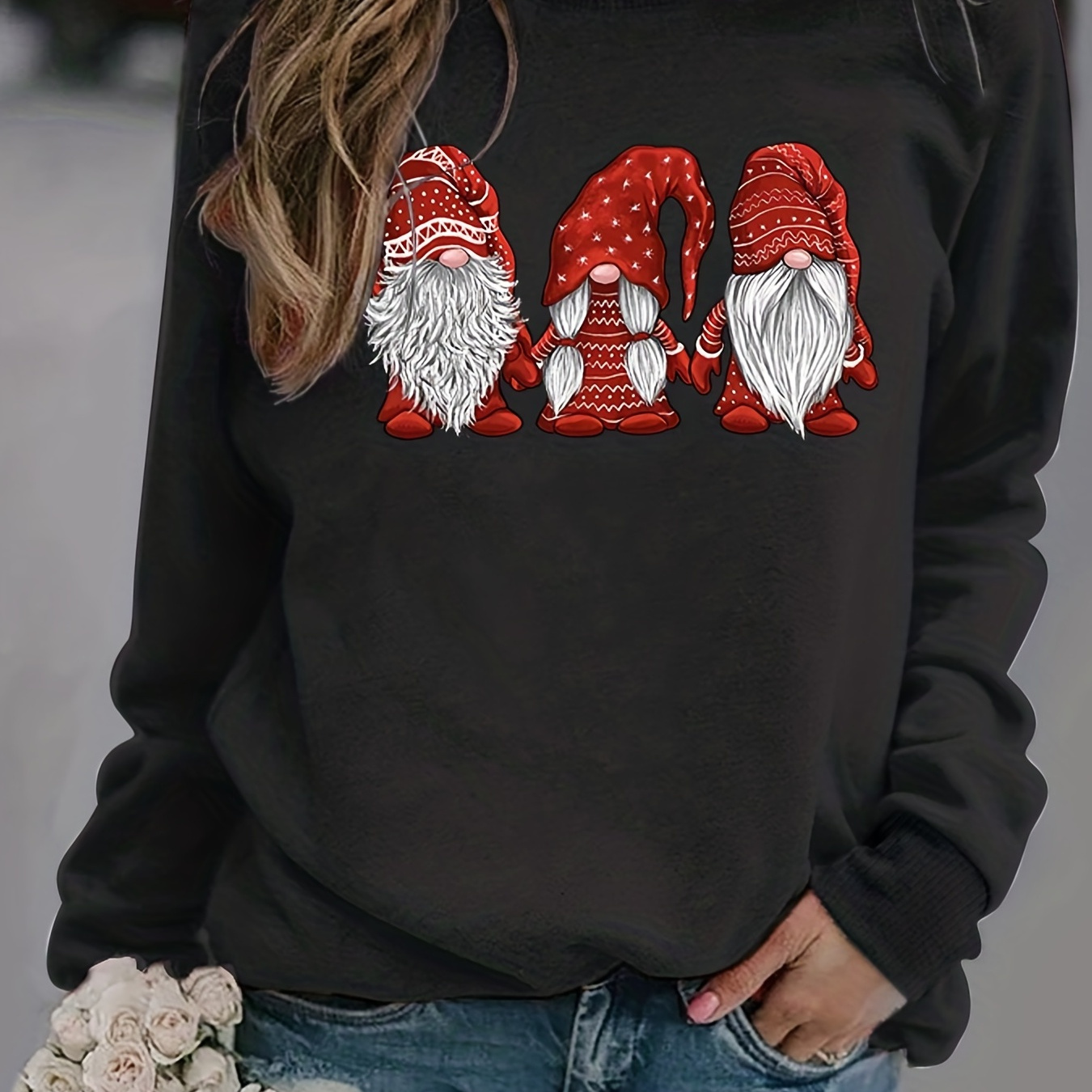 

Christmas Dwarf Print Pullover Sweatshirt, Casual Long Sleeve Crew Neck Sweatshirt For Fall & Winter, Women's Clothing